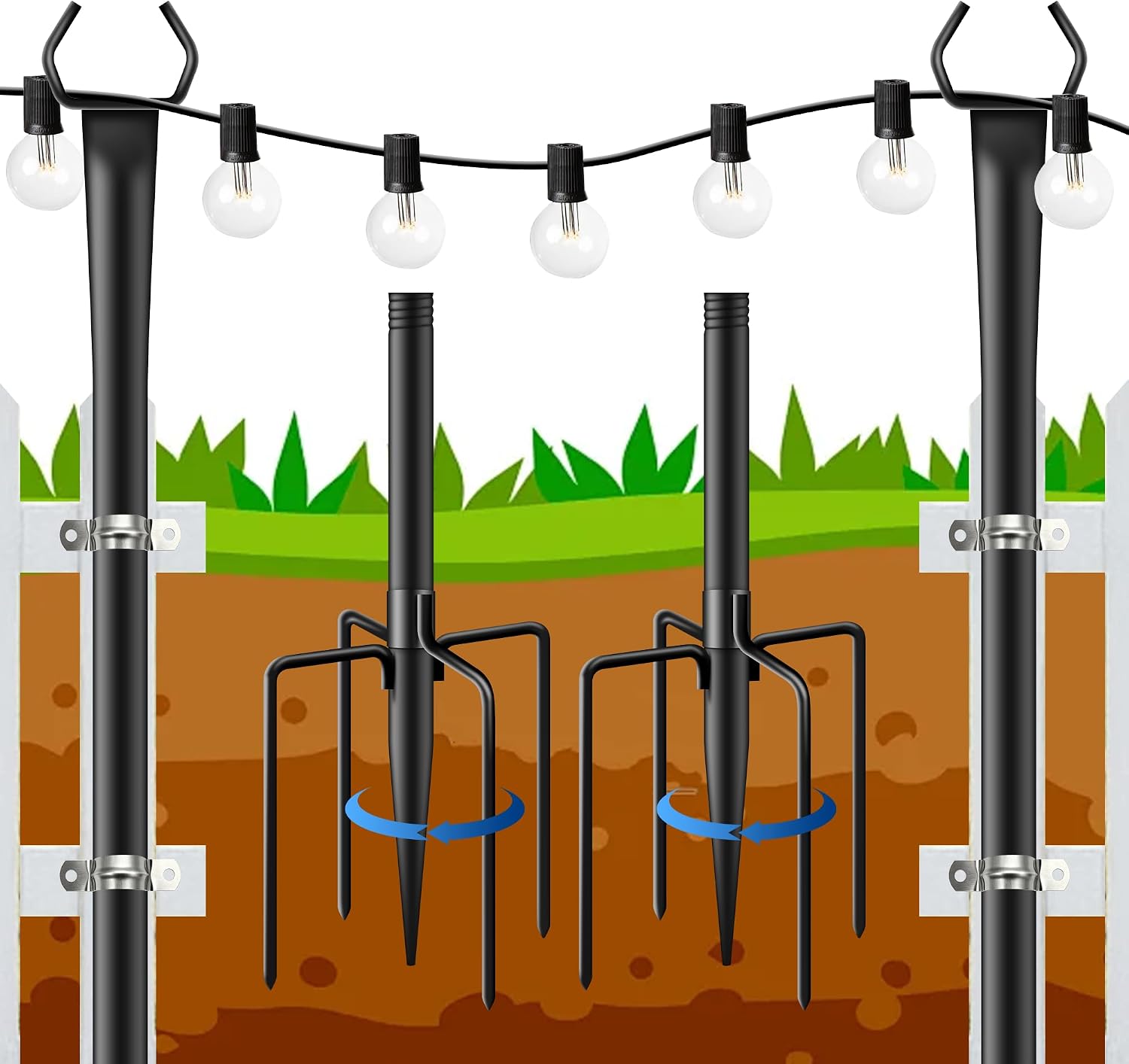 ohbien 10FT String Light Poles, 2 Pack Adjustable Metal Festoon Light ...