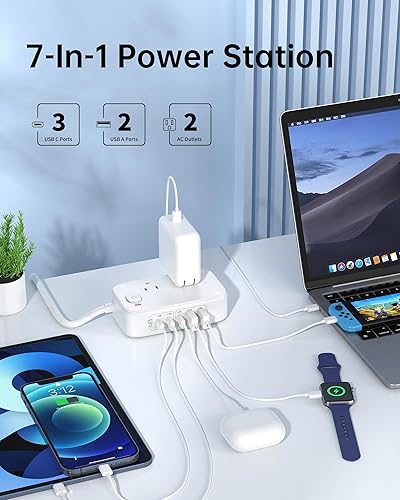Miniatura 2 de Estación de carga USB para múltiples dispositivos PD 65W Power Strip protección contra sobretensiones 1200J, cable de extensión plano de 5 pies de