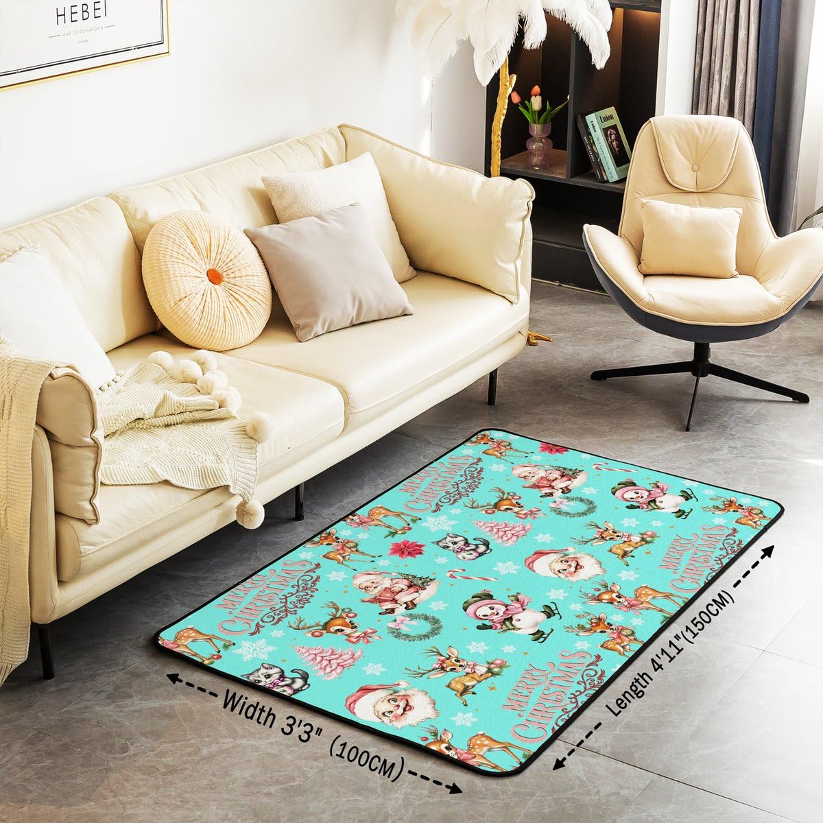 Homewish Turkusowy dywan pod choinkę 150 x 200 cm do sypialni – Święty Mikołaj, jeleń, bałwan, dywany do salonu, dla dzieci, dziewcząt, chłopców, zimowy, płatek śniegu, nie gubi włosia, urocze różowe