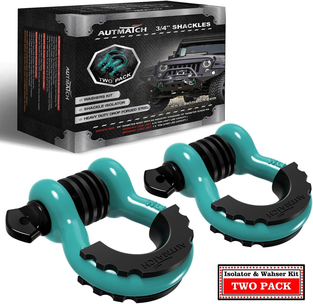 AUTMATCHD Ring Shackle 3/4" Shackles (2 Pack) 41,887Ibs Break Strength with 7/8" Screw Pin and Shackle Isolator Washers Kit for Tow Strap Winch Off Road Vehicle Recovery Teal & Black