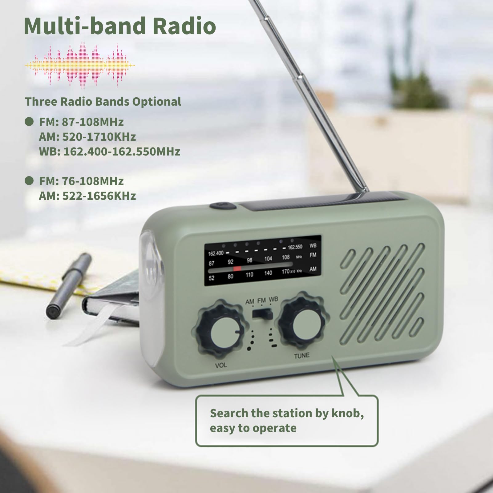 Radio Solaire d'Urgence à Manivelle Auto-alimentée avec Lampe de Poche LED, Alarme SOS, AM/FM, Météo Wind Up, Charge Smartphone USB
