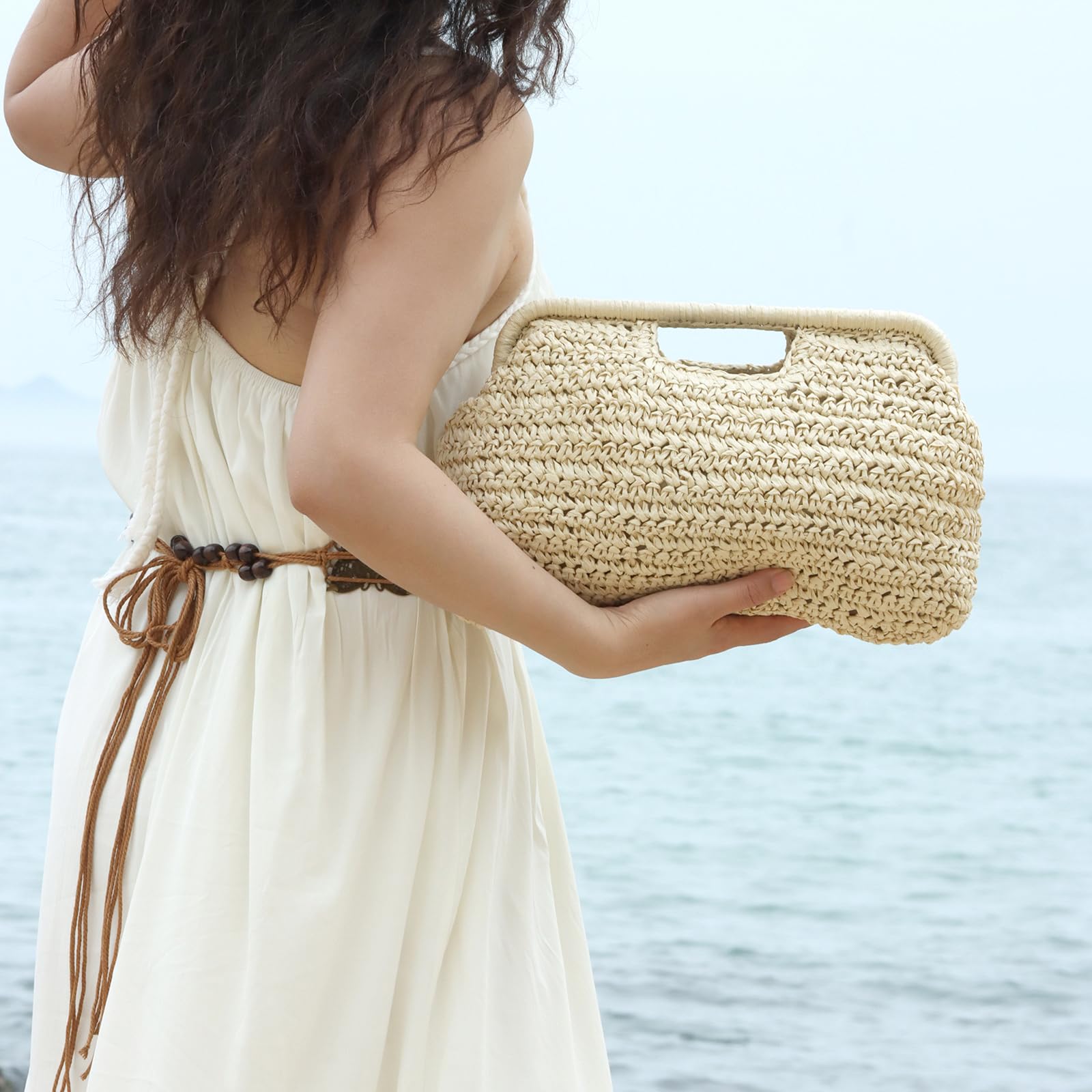 EVEOUT Pochette in Paglia per Donna Estiva Boho Clutch Rafia per Lavoro Matrimonio Festa Borsa Intrecciata con Manico per Spiaggia Mare