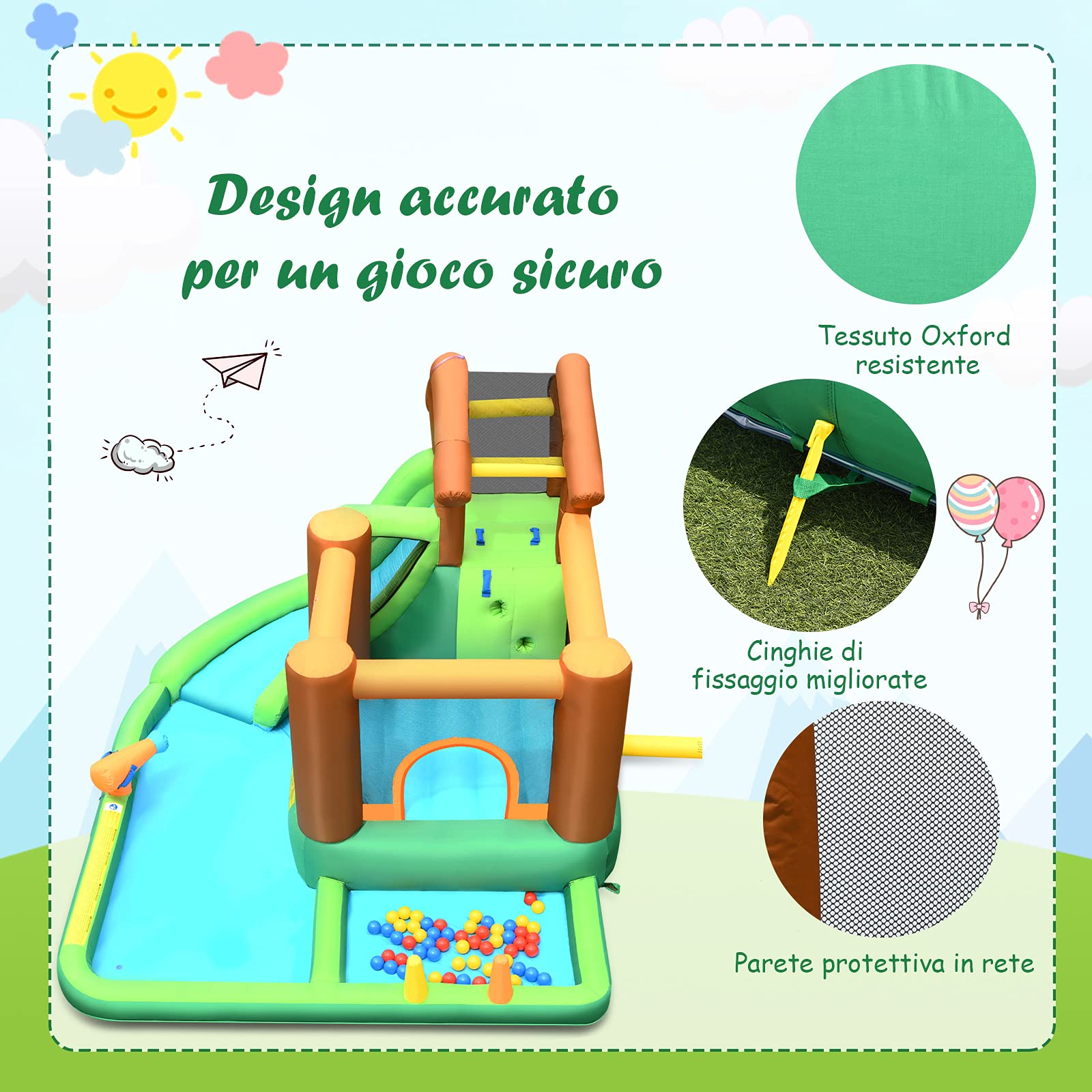 COSTWAY Castello Gonfiabile per Bambini, Parco Acquatico con Scivolo per Bambini, Piscina Trampolino e Palline, con Borsa da Trasporto, per 5 Bambini 3-10 Anni (con Compressore)