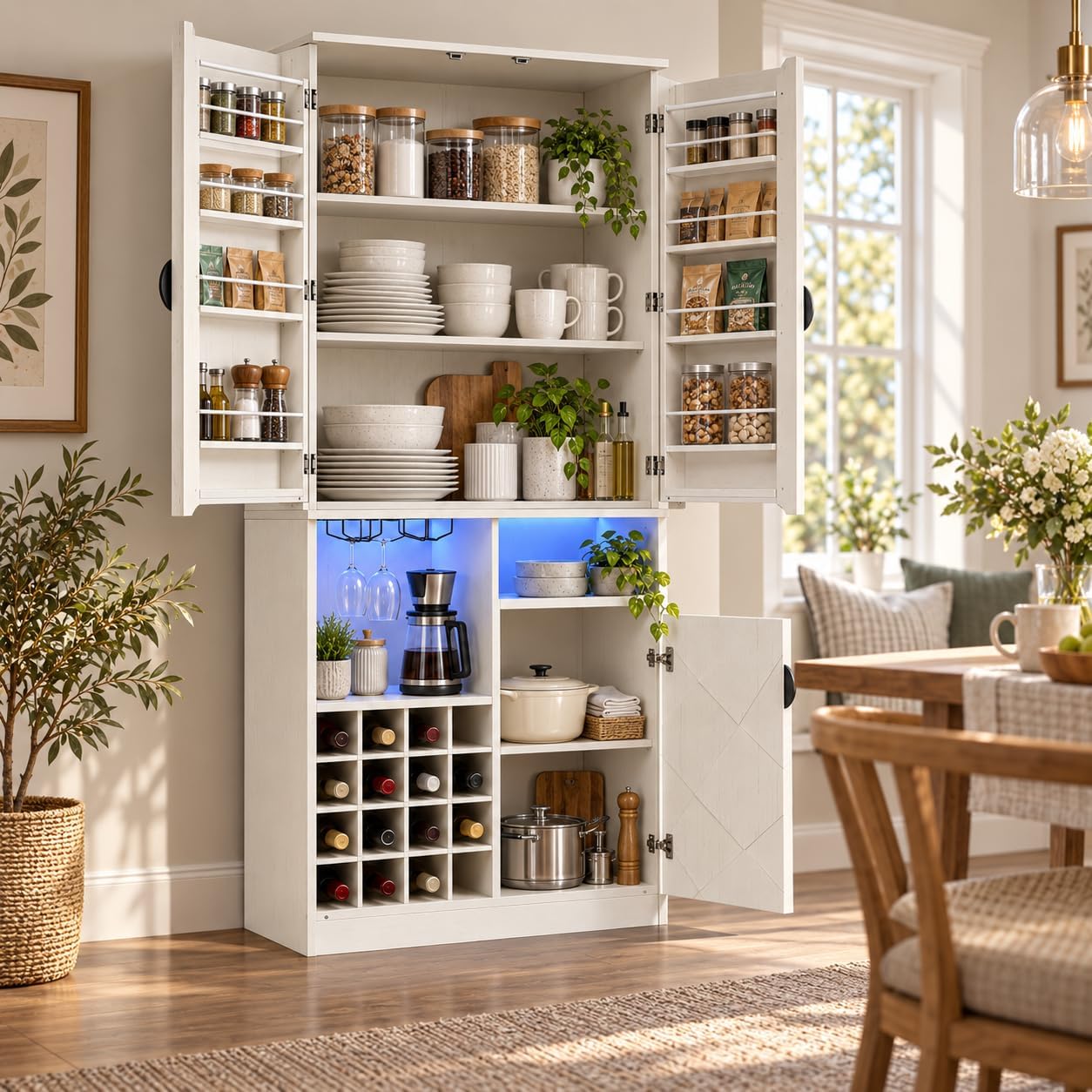 kepptory 72" Tall Wine Bar Cabinet with LED Light, Farmhouse Kitchen Pantry Storage Cabinet with 16 Wine Racks & Glass Holders, Liquor Cabinet for Dining Room Living Room, White