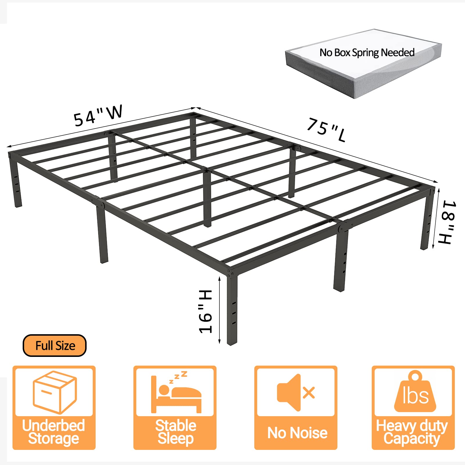 DURISO Full Size Bed Frame 18 Inch High Full Size Platform Heavy Duty Steel Slats Support Max 3500lbs Easy to Assemble No Spring Box Needed No Noise Black