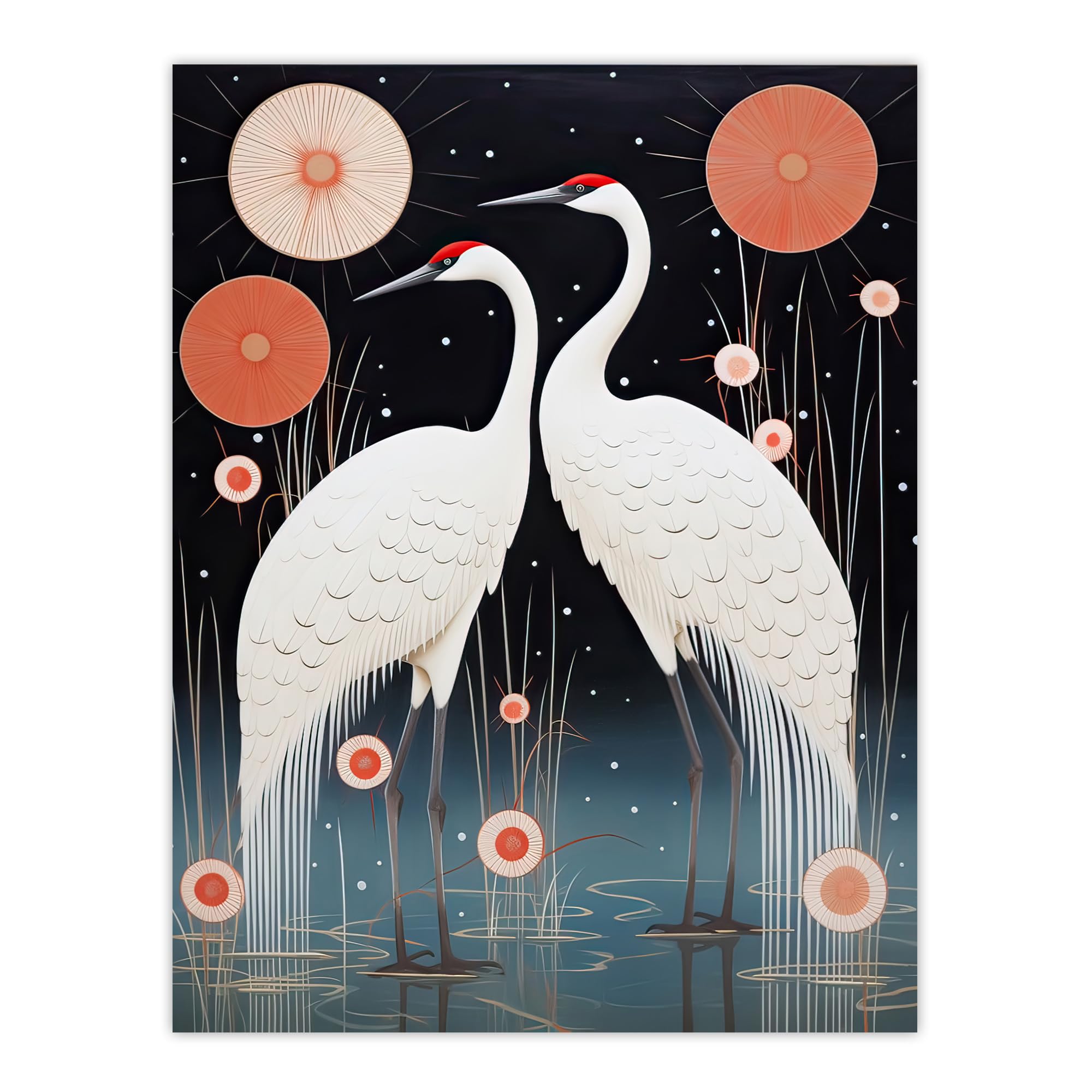 Artery8 Japanese Cranes Oil Painting Pink Blue White Birds and Abstract Flowers Surreal Lake Landscape at Night Extra Large XL Wall Art Poster Print