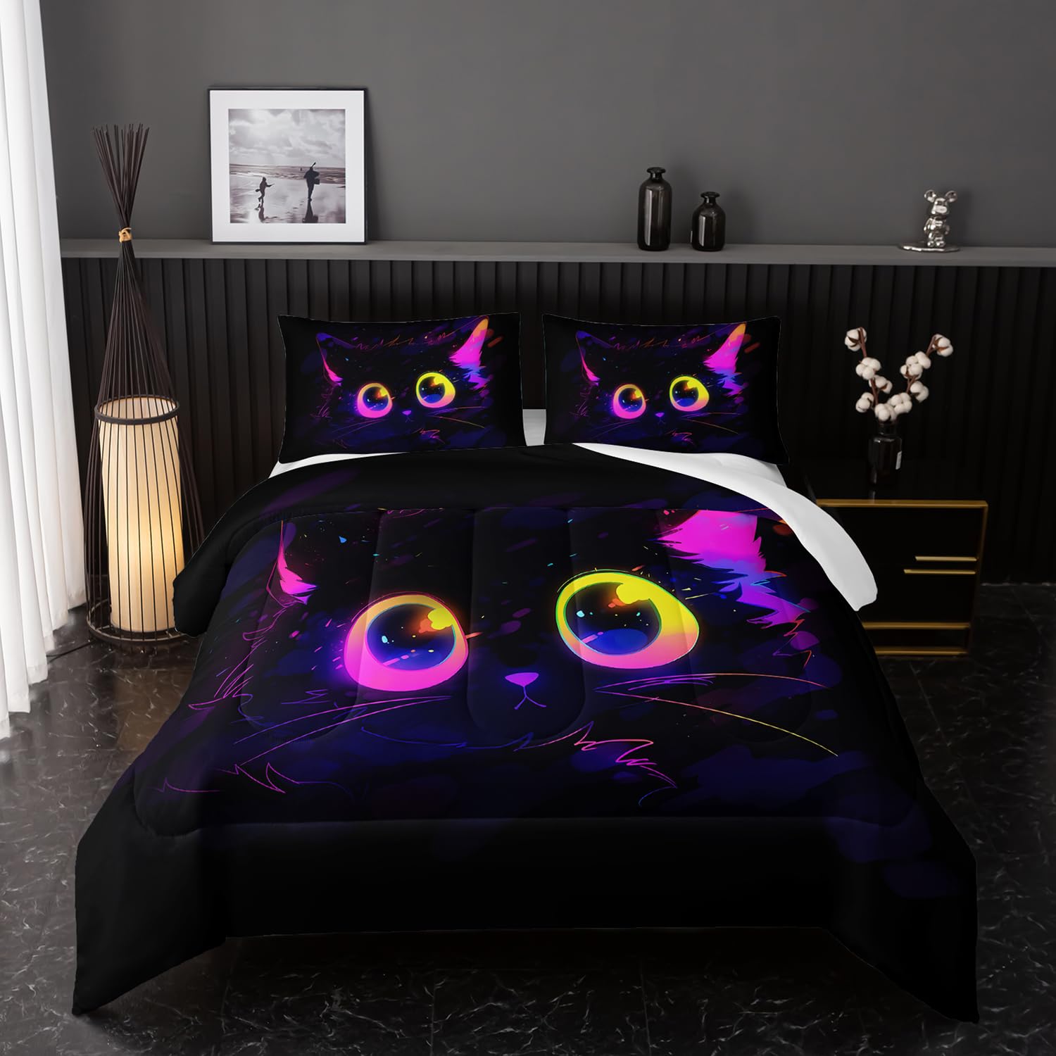 Nttopship Cute Cat Kids Comforter Set Twin Size 3pcs Black in Dark 3D Digital Animals Printed Pattern Comforter Set for Kids Boys Girls Adults Animal