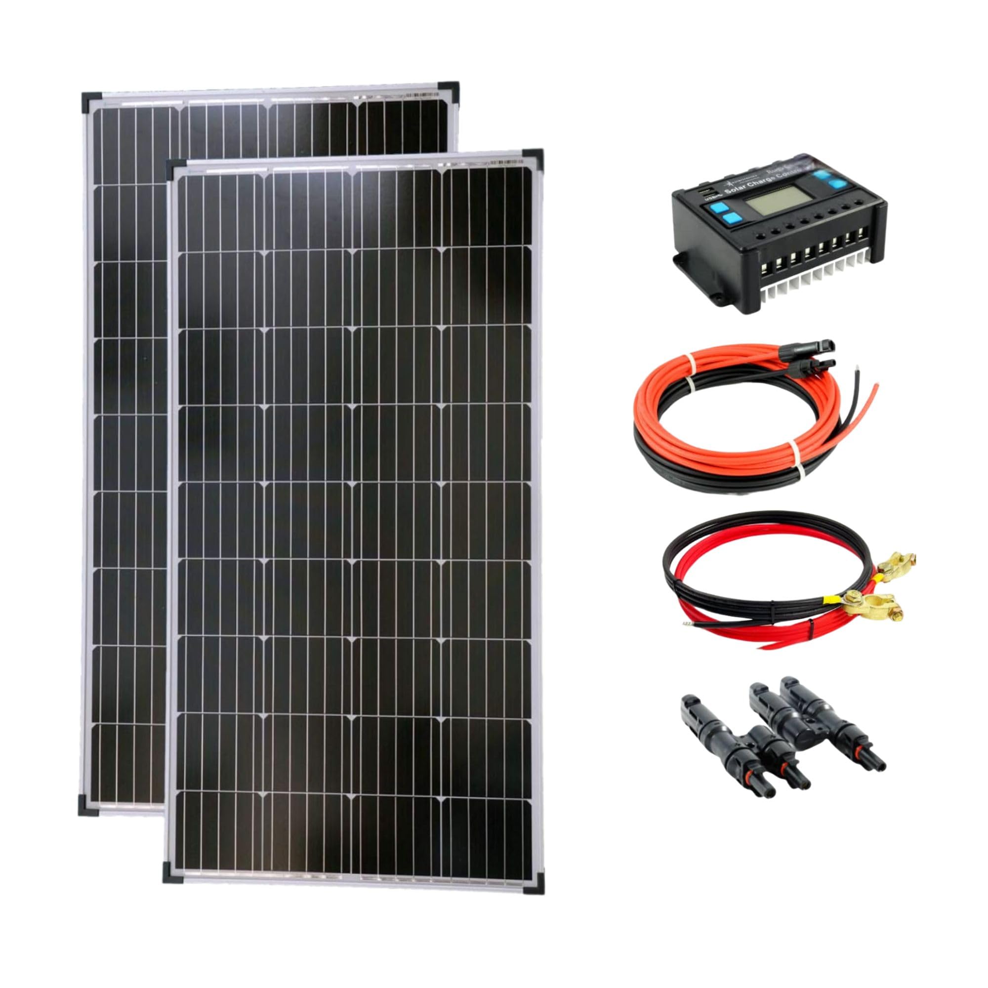 SOLARTRONICS Solar Set: 2x 130W monokristalline Solarmodul + 20A Laderegler blau + PV Kabel + Solarstecker Photovoltaik Inselanlage für Camping, Gärten