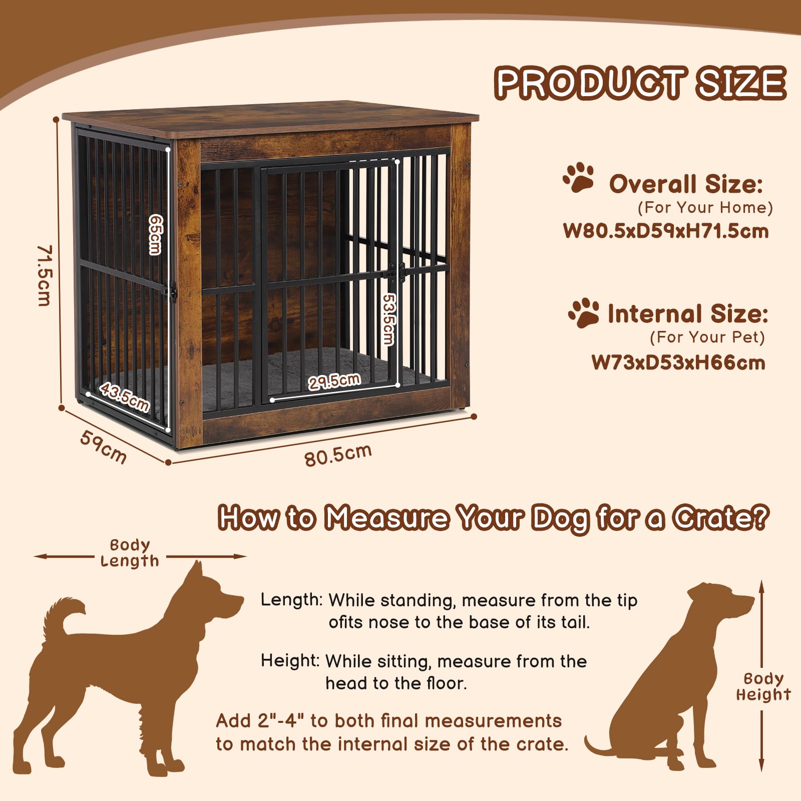Hello-5ive Grande gabbia per cani mobile, gabbia per cani in legno con doppie porte, resistente cuccia per cani da interno con tappetino in peluche per cani di piccola e media, tavolino, 80,5 x 59 x