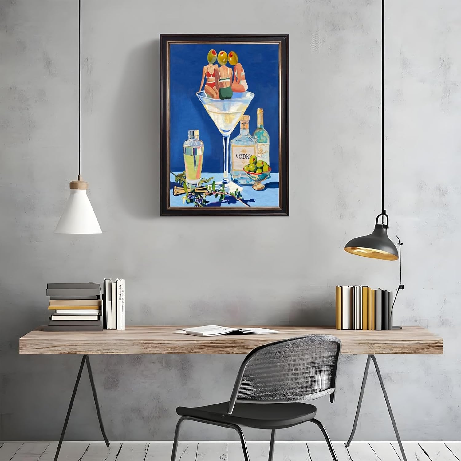 PMKXFGK Black Framed Vintage Dirty Martini Wall Art Trendy Bar Cart Decor Canvas Print Retro Cocktail Wall Decor Aesthetic Modern Mid Century Drink Blue Poster for Kitchen Dining Room Home 12x16inch