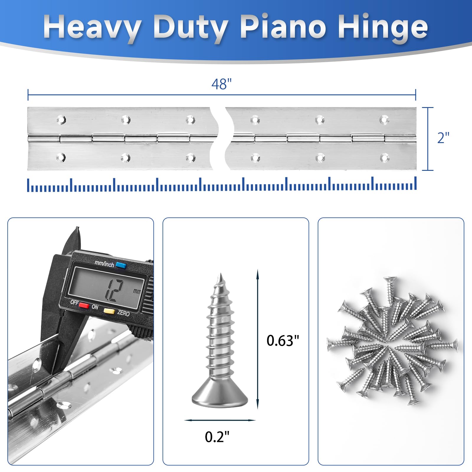 2 bisagras de piano de 48 x 2 pulgadas de ancho, bisagra de piano de acero inoxidable de 0.047 pulgadas de grosor, bisagras continuas para gabinete resistente, puerta, caja de herramientas,