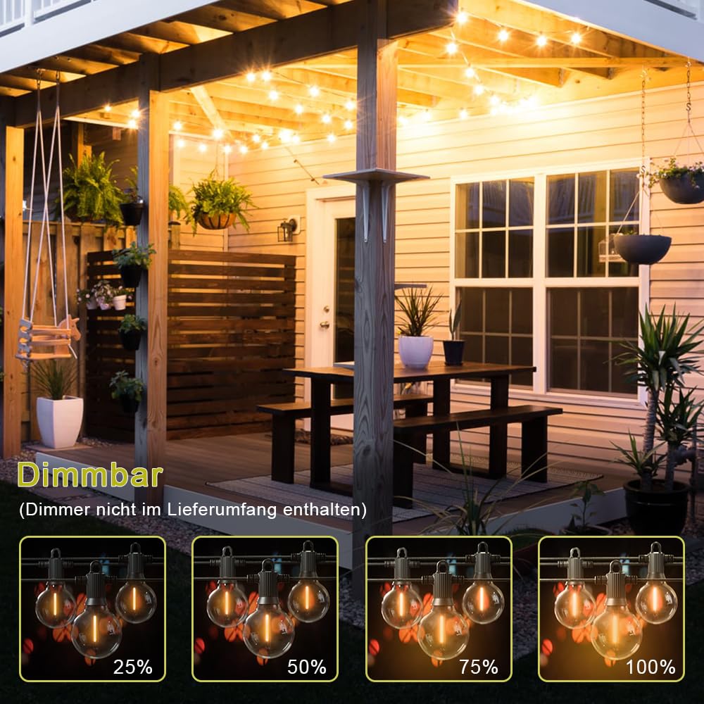 Kawaya 30M Lichterkette Außen LED mit 50+2 G40 Glühbirnen, IP65 Wasserdicht | Outdoor Lichterkette Aussen Strom Bruchsicheren Warmweiß Balkon Lichterketten für Terrasse Garten Hochzeit Hinterhof