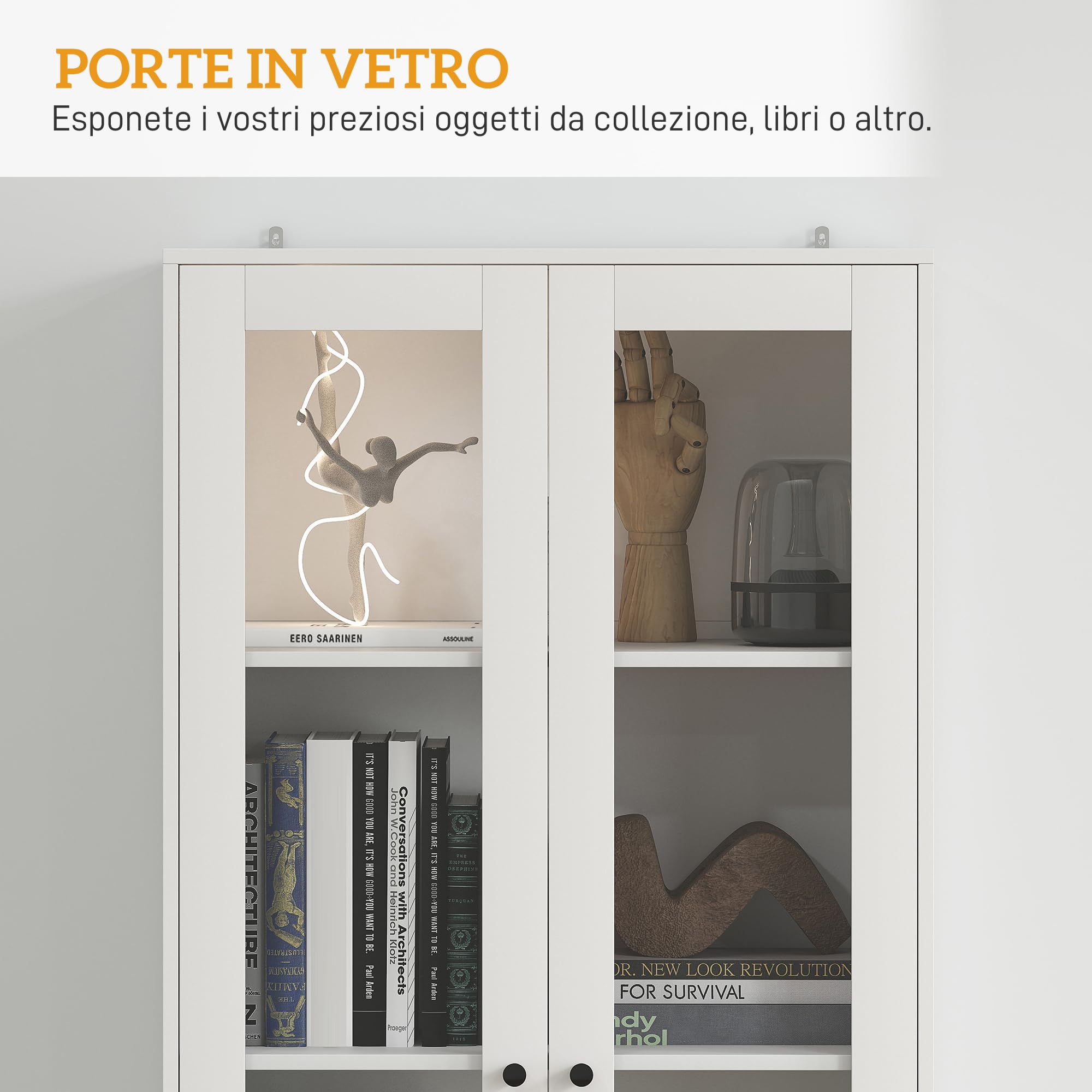 HOMCOM Credenza Cucina Multiuso Mobile con 2 Cassetti 59x30x164cm Bianco | Armadietto, per Soggiorno e Salotto, Ante in Vetro, Cerniere Ammortizzate, Ripiani Regolabili