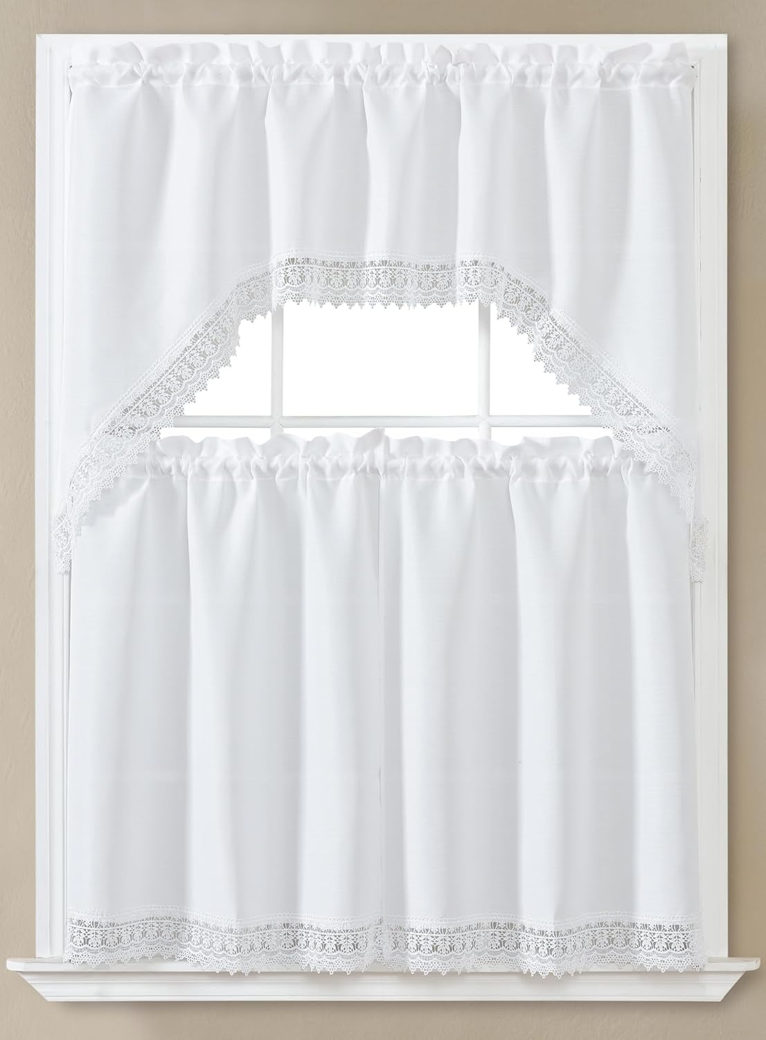 GLORY RUGS 3pc Kitchen Curtain Solid White Valance Set 1 Swag Valance and 2 Tiers 2 Tiers Width 29"x 34" Each and The Valance Length 58"x34"