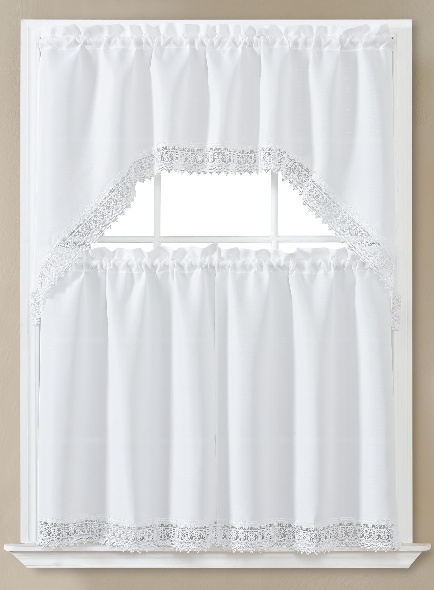 GLORY RUGS 3pc Kitchen Curtain Solid White Valance Set 1 Swag Valance and 2 Tiers 2 Tiers Width 29