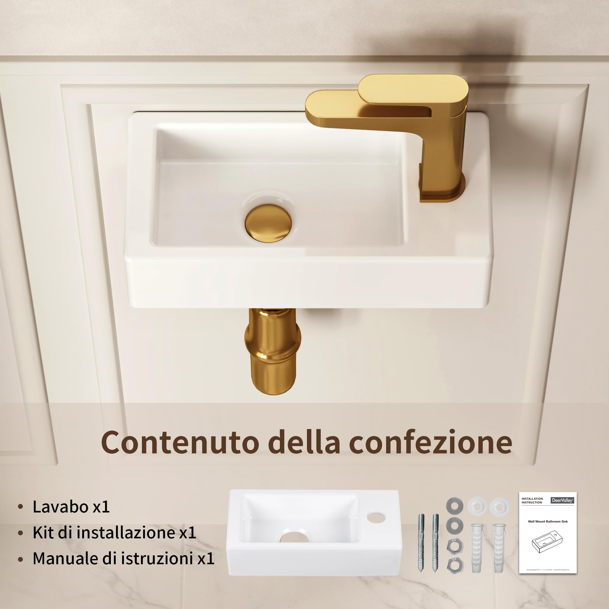 DeerValley - Piccolo lavabo da bagno rettangolare, 38 x 17,8 cm, montaggio a parete, per bagno, toilette, sospeso, design salva-spazio, facile da pulire, in ceramica nera opaca