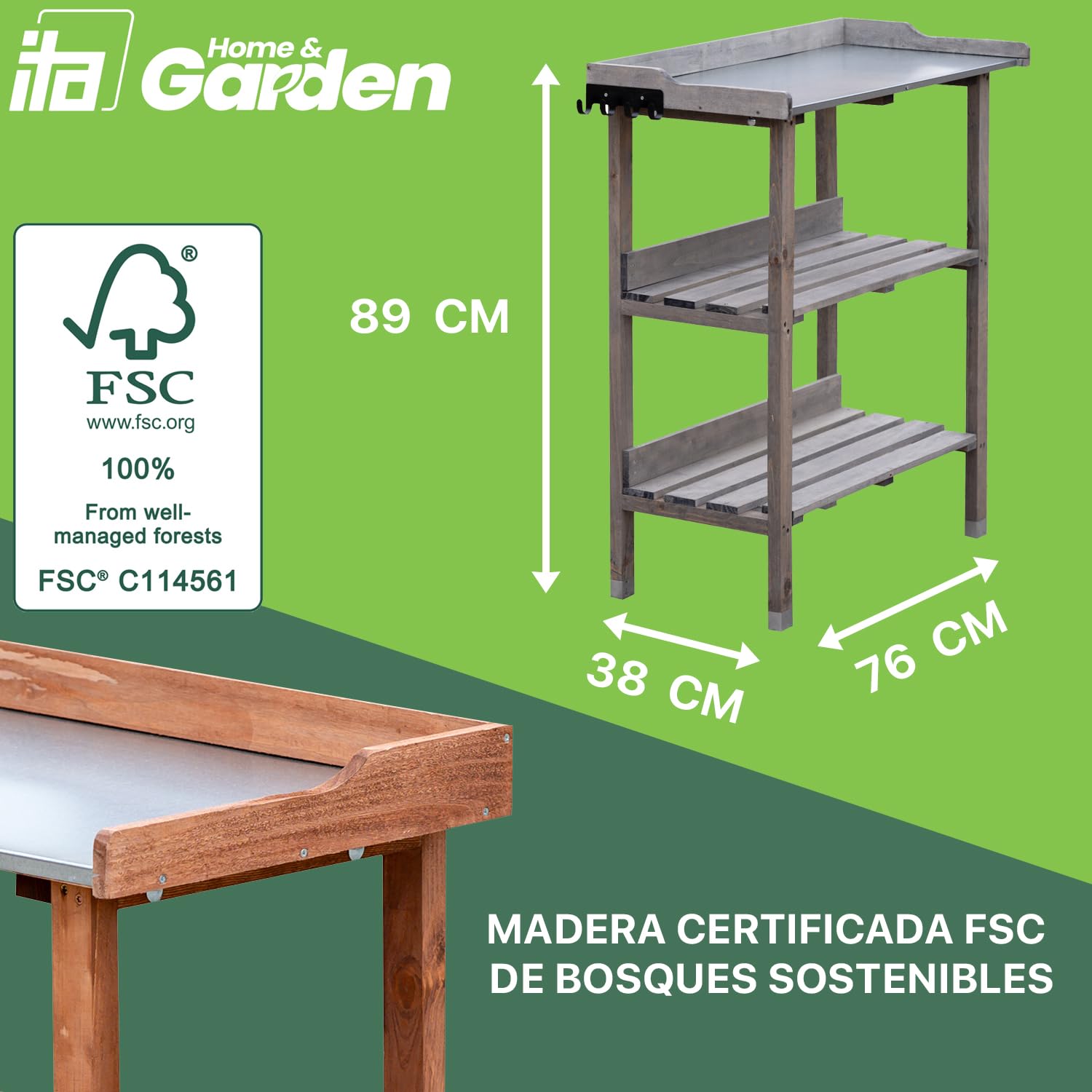ITA Mesa de plantación de Madera 76x38x89 cm - con Superficie de Trabajo galvanizada y Estante Inferior - Mesa de jardín - Calidad Directa del Fabricante - estantería para Plantas, Color:Natural