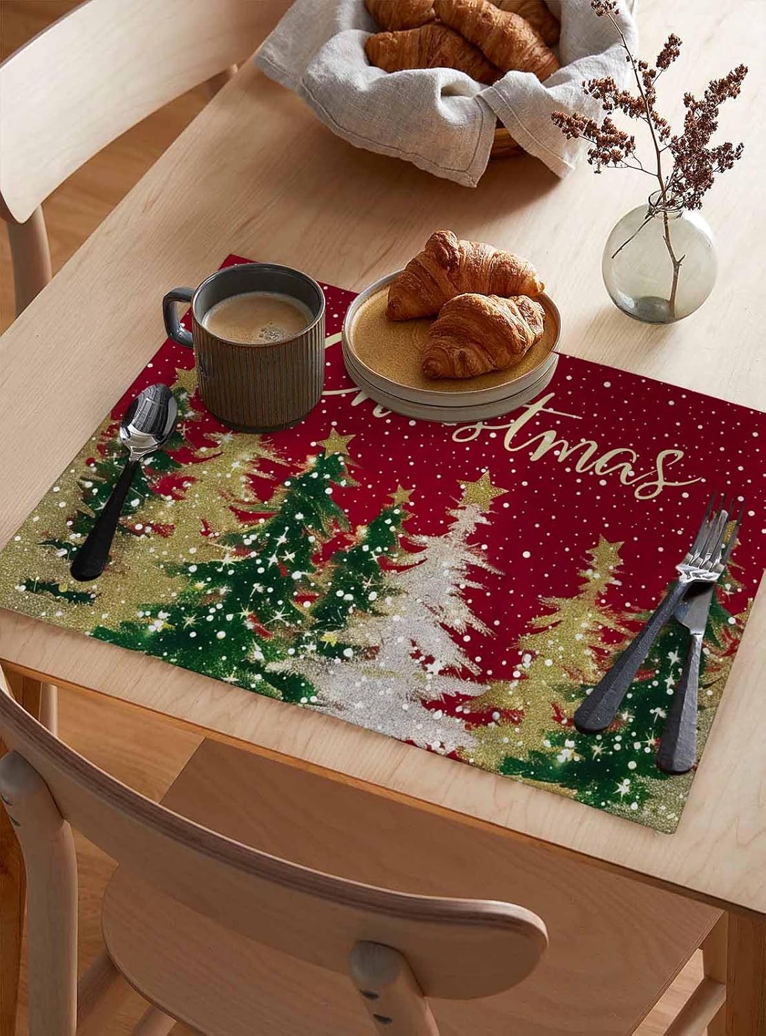 Merry Christmas Placemats Set of 6,Cotton Linen Heat Resistant Table Mats Washable Winter Falling Snow Placemat for Holiday Banquet Xmas Tree Dark Red Kitchen Table Decor