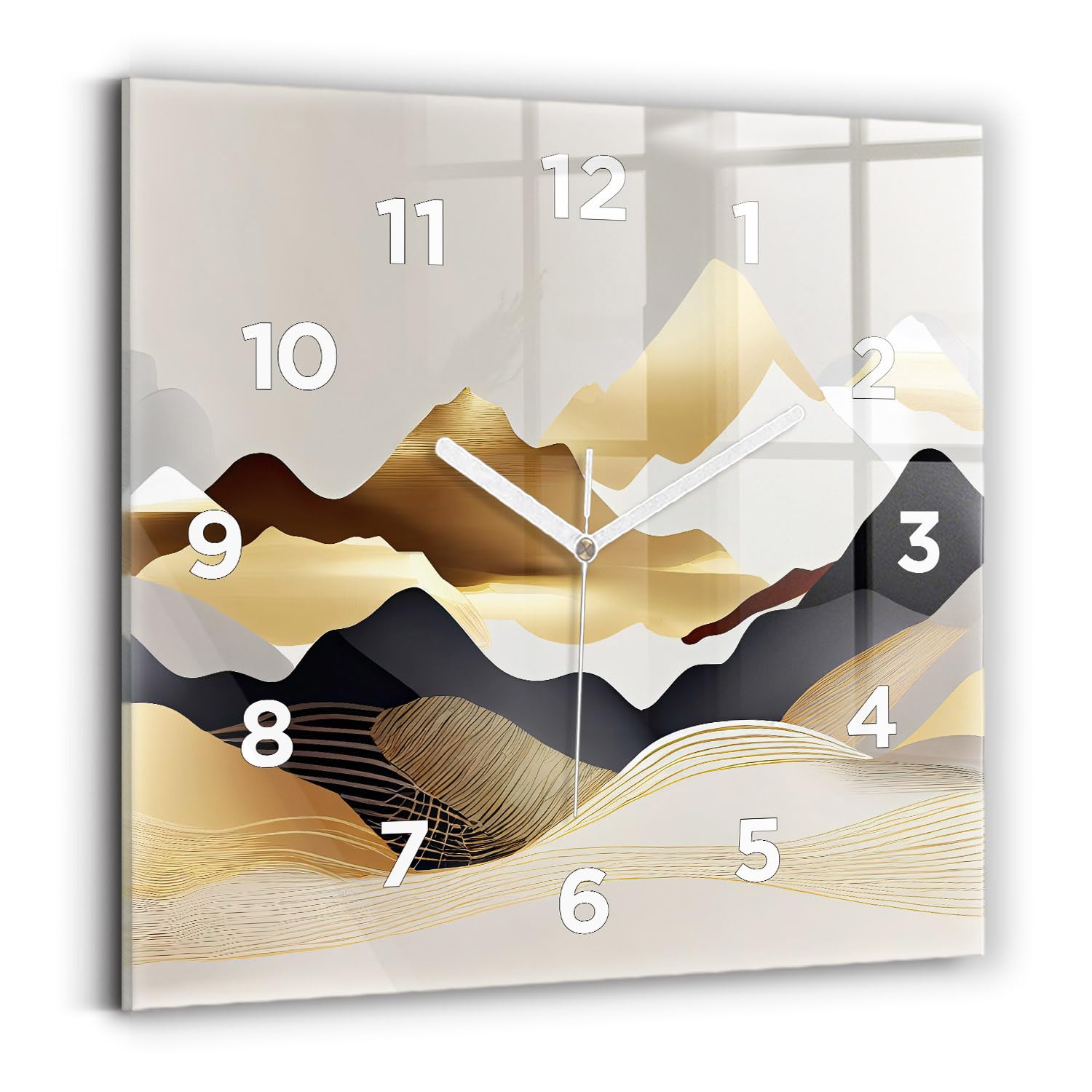 Horloge moderne salon abstraction montagnes dorées Wallfluent 30x30 cm aiguilles blanches