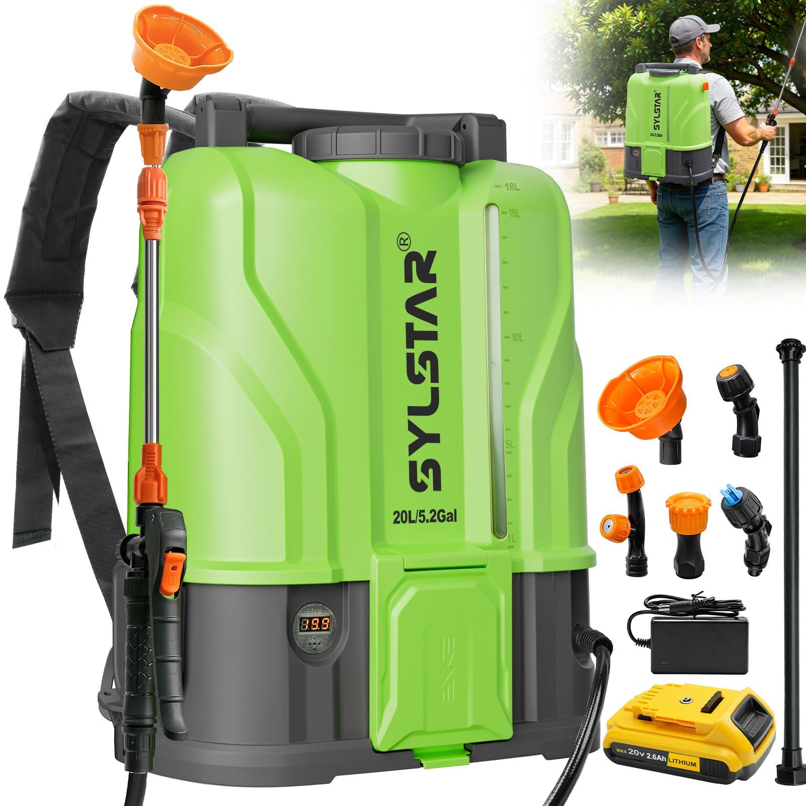 SYLSTAR 20L Battery Powered Knapsack Sprayer, 120PSI Cordless Backpack Sprayer Compatible with DeWalt and Milwaukee 18V Batteries,Weed Sprayer with 5 Nozzles,2 Wand,2.6 Ah Battery for Garden&Lawn Care