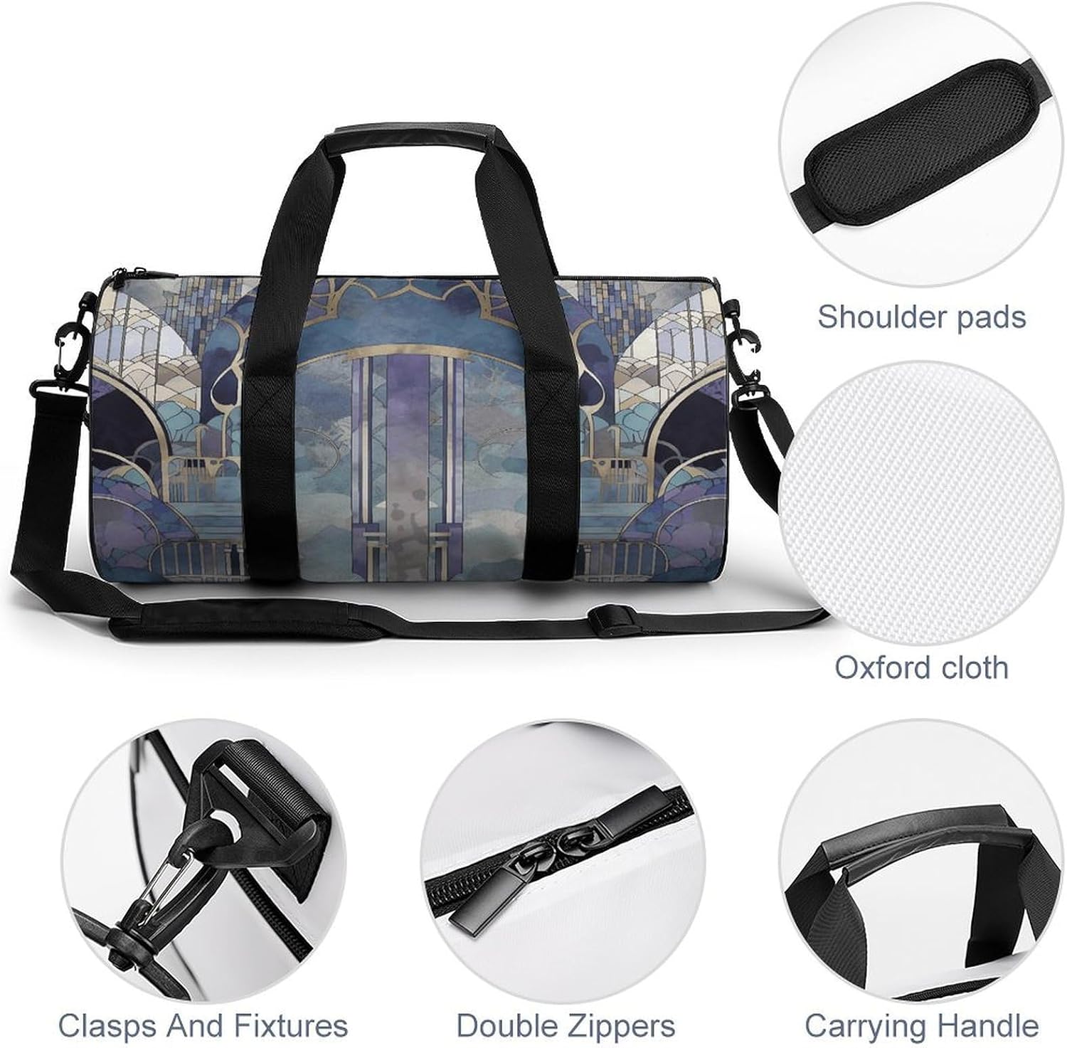 Gray And Purple Pattern Gym Bag Hand-held Fitness Bags Cylindrical Fitness Bag with Shoe Large Compartment Duffle Bags for Travel Sports Unisex image 5