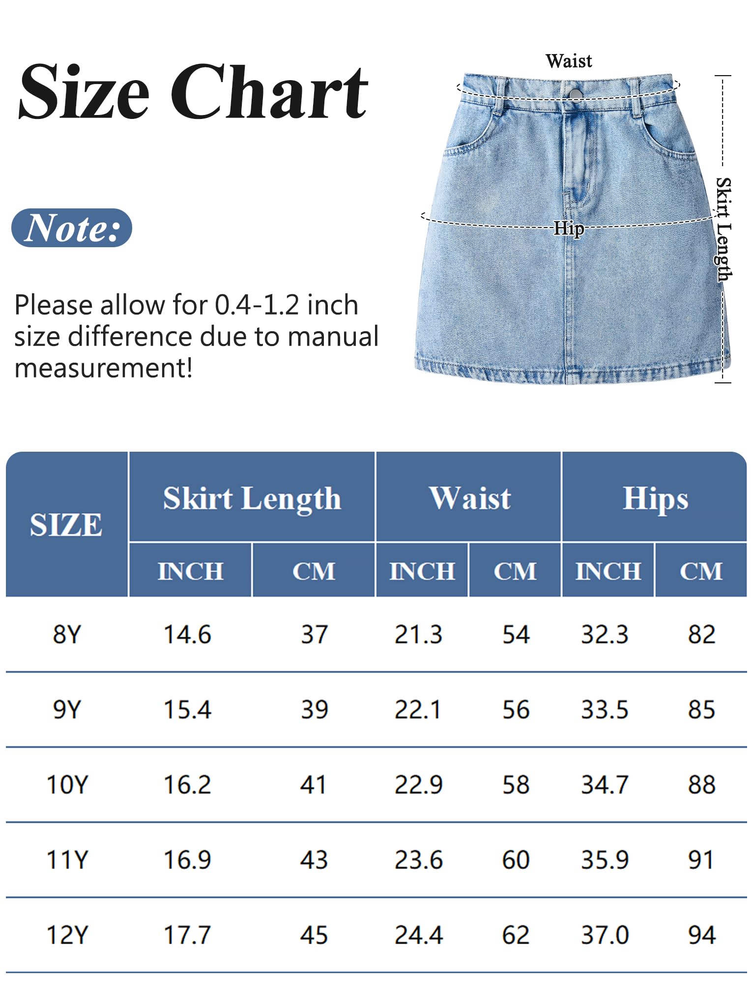 SEAUR Gonna in denim per ragazze 8-12 anni gonna jeans carina casual linea A con tasche