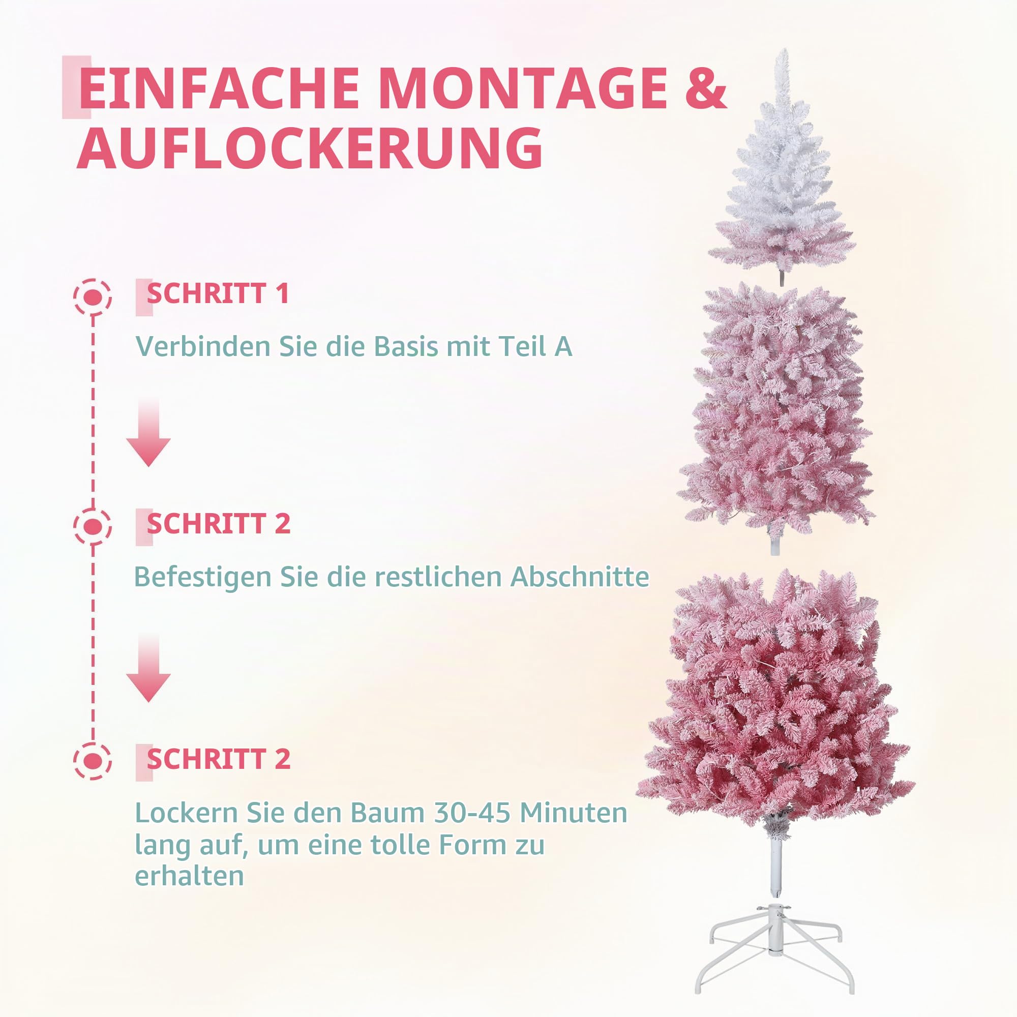 180cm Künstlicher Weihnachtsbaum mit 230 LED-Leuchte,610+ Tannennadel， Rosa Gradienten Tannenbaum Groß,Christmas tree für Weihnachten Dekoration, Wohnzimmer, Eingang, Weihnachtsbäume Faltbarem Ständer