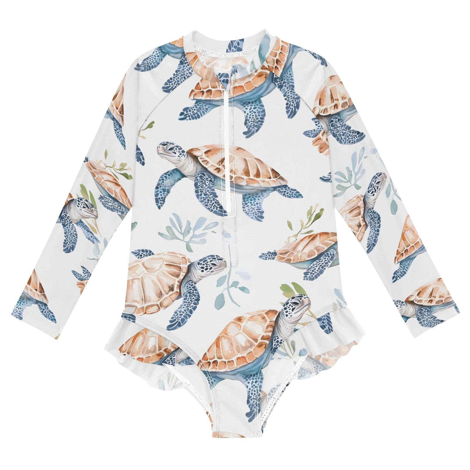 ALAZA Swimsuit for Girls Long Sleeve Rashguard Bathing Suit Watercolor Sea Turtle Waterweed Pattern Quick Dry 4T