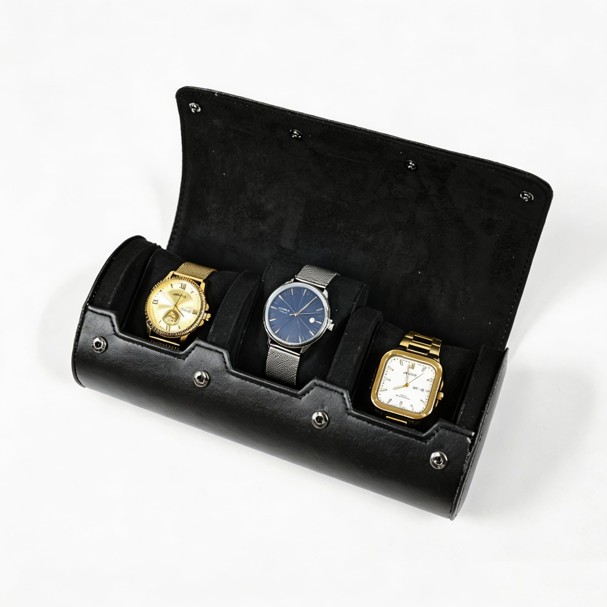 MAIKAILE 3 Slot Leather Watch Roll Case, Portable Travel Watch Organizer with Soft Velvet Lining, Watch Storage Box for Men Women Wristwatches (Black)