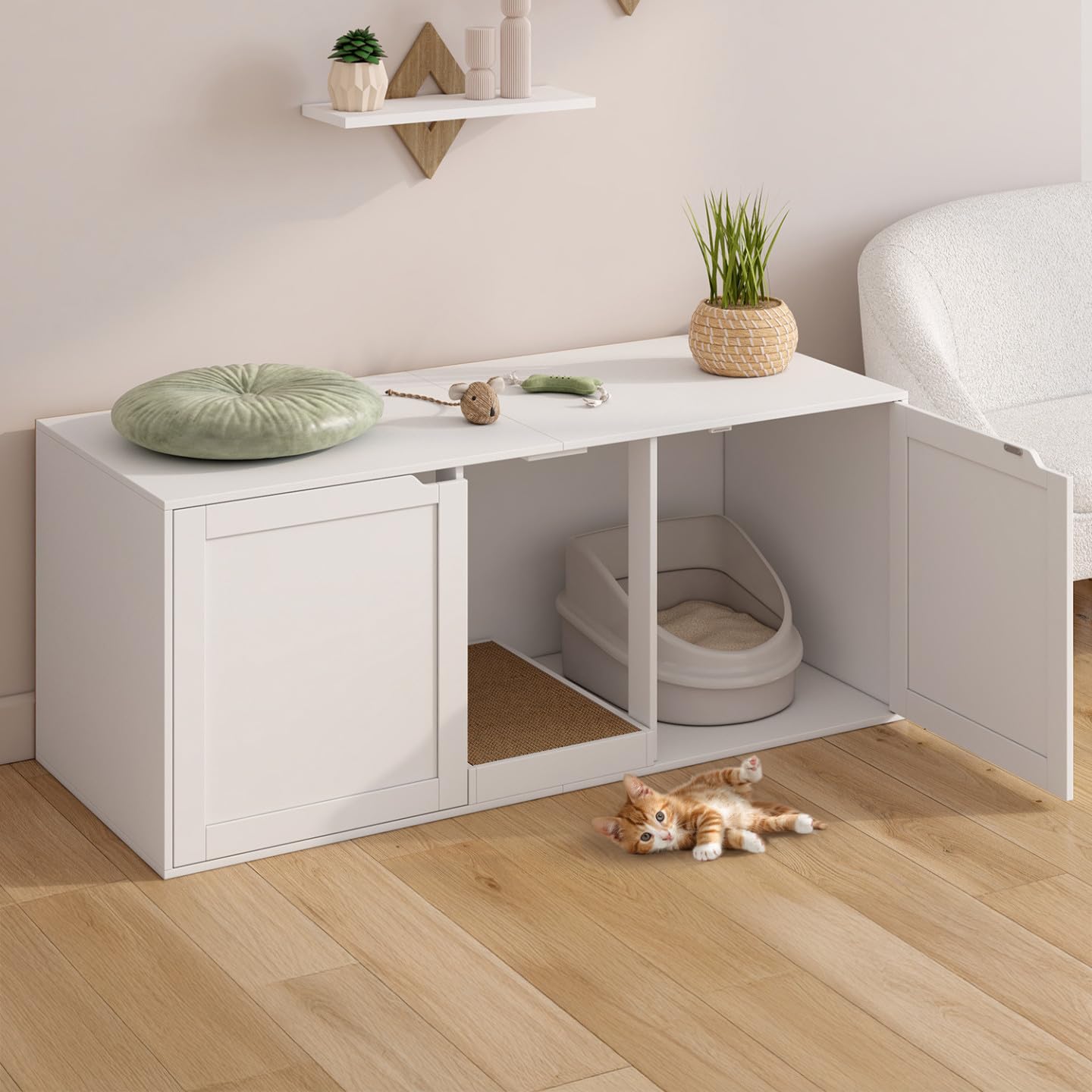 IDMarket - Maison de Toilette Chat XL Cache-litière 2 Portes et griffoir Bois Blanc