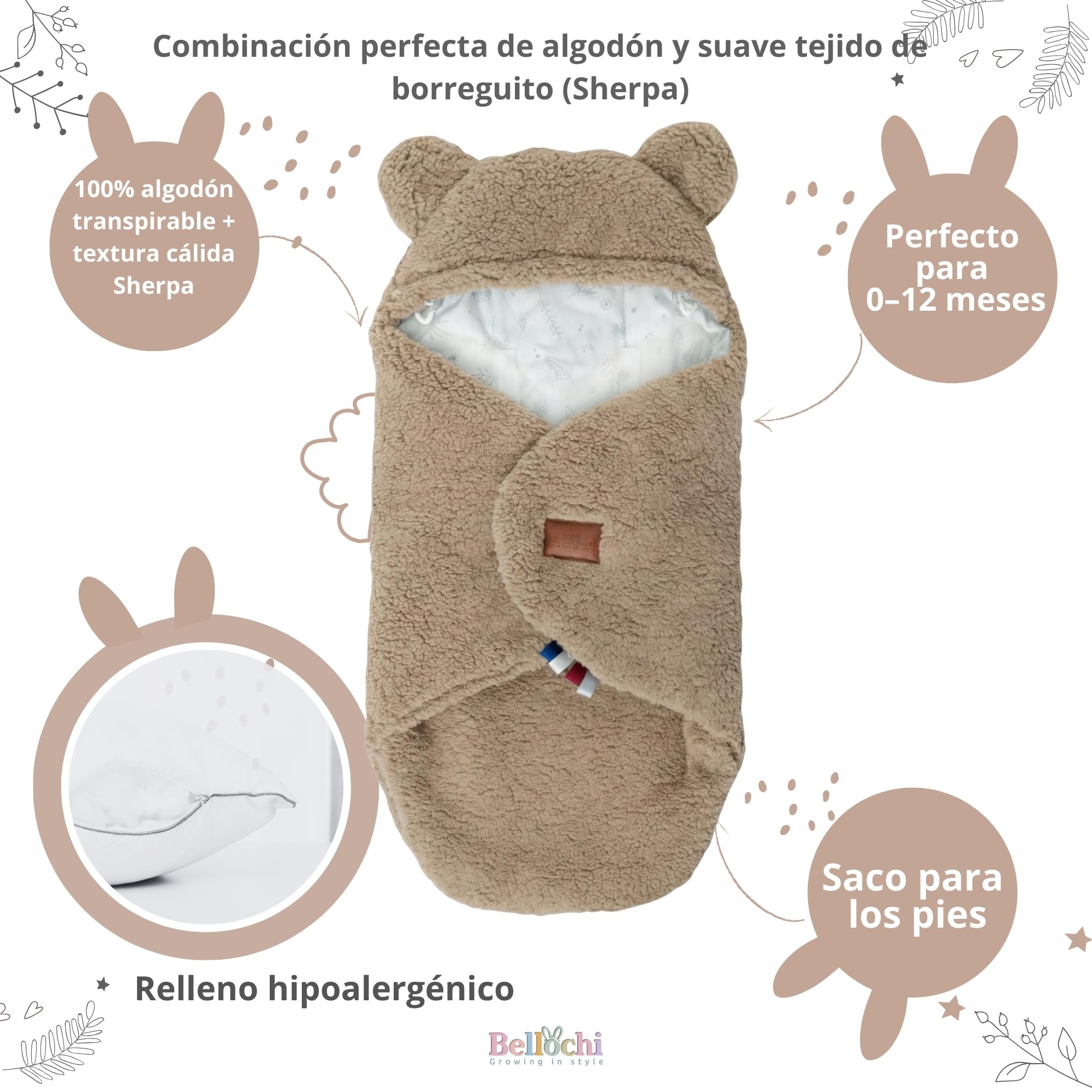 BELLOCHI Manta para capazo de bebé, color marrón, manta para cochecito y asiento de coche, 90 x 90 cm, algodón suave, con certificación Oeko-Tex, manta de invierno para bebés