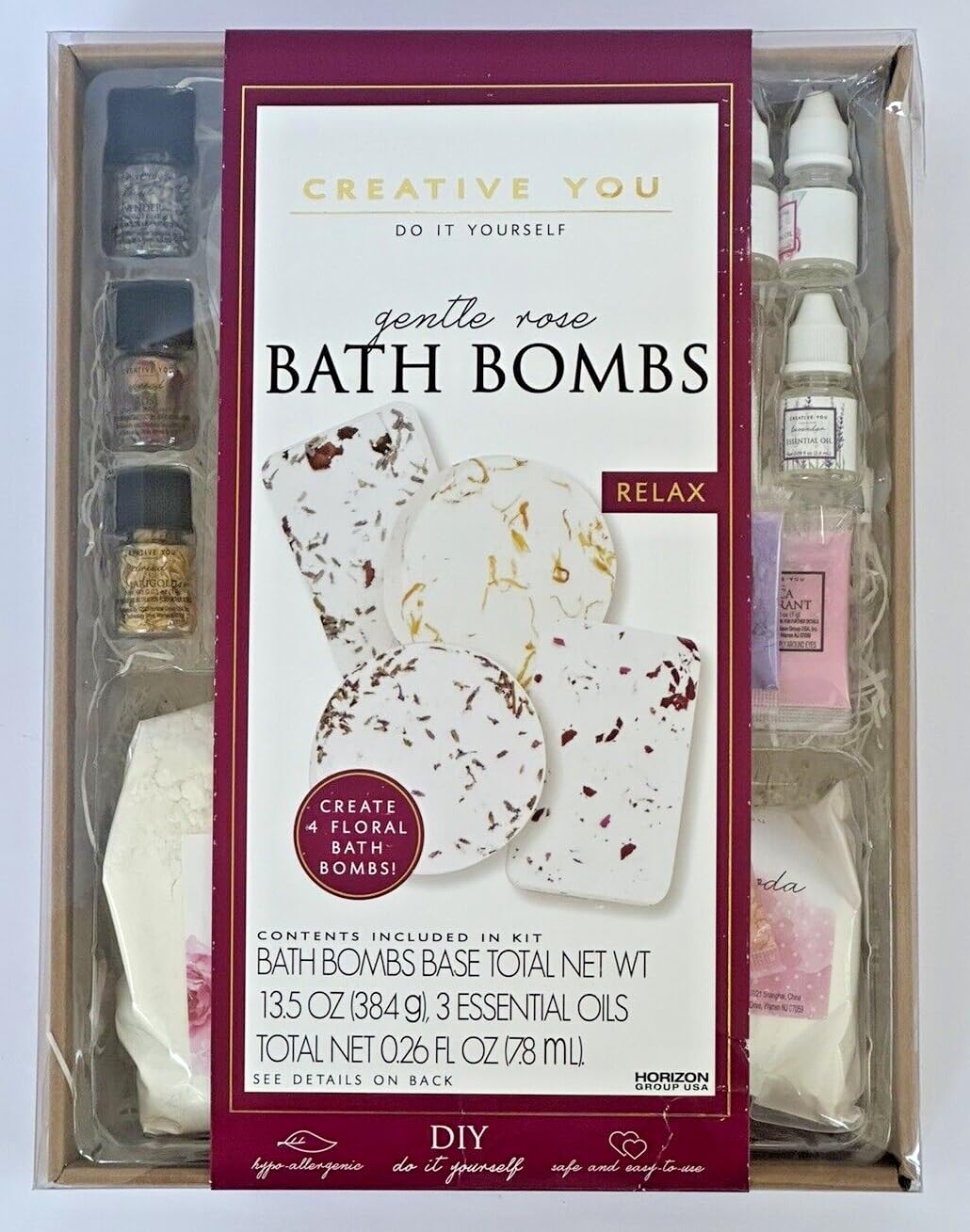 Creative You DIY Bath Bombs Kit, Gentle Rose Scent, 13.5 oz Base, 3 Essential Oils