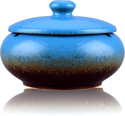 LAUYOO Cenicero para exteriores con tapa, bandeja de cenicero impermeable sin humo, cenicero de cerámica para cigarrillos, oficina en casa, porche,