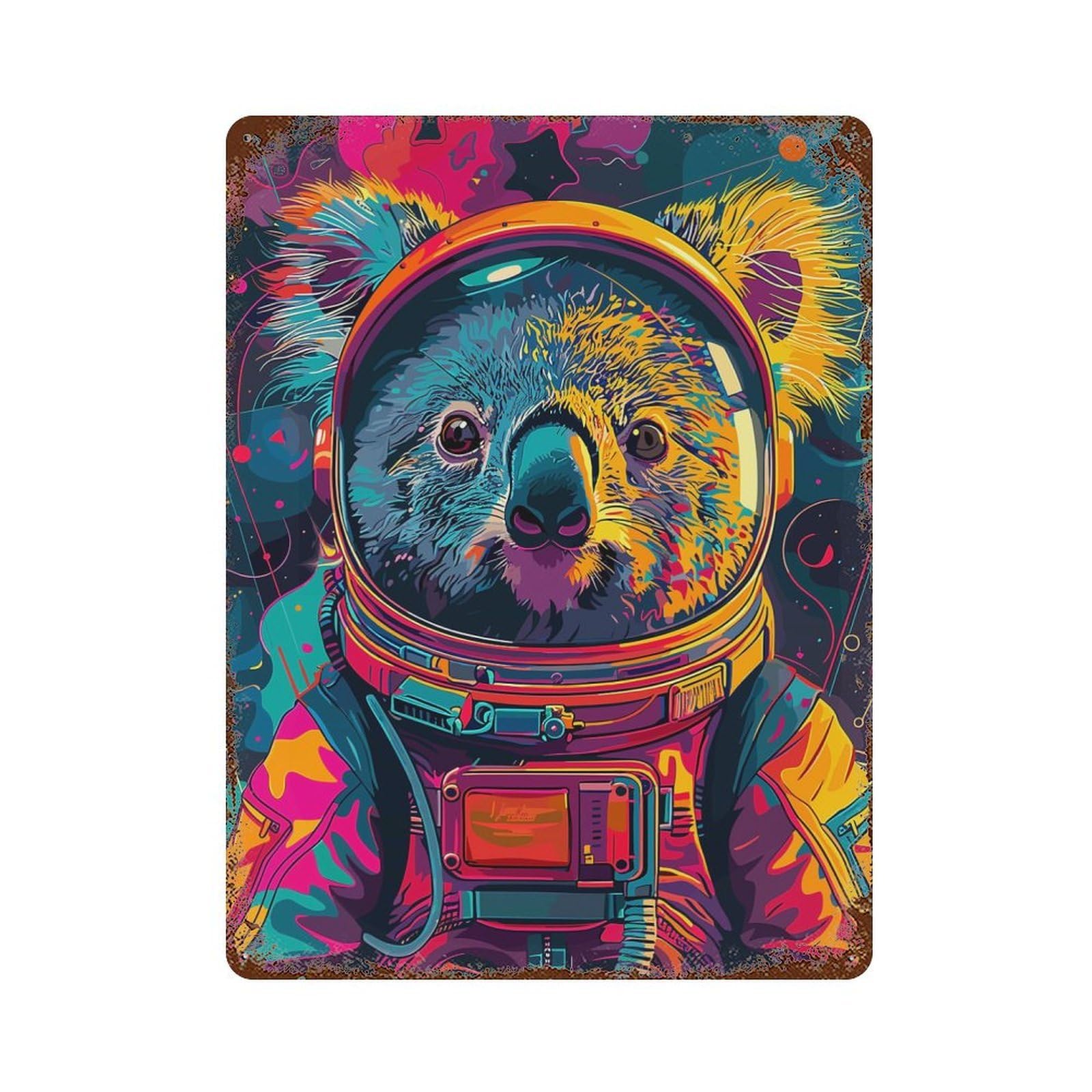 Astronaut Koala Space Weathered Tin Sign 15.7"x11.8", Retro Wall Decor for Pub, Kitchen And Man Cave Decor