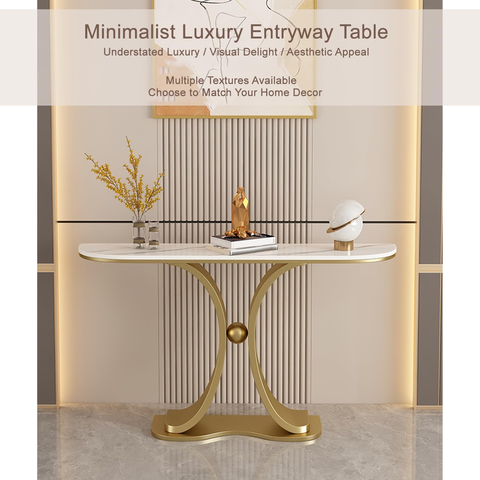 Elegante Mesa Consola Estrecha de Estilo Industrial de 150 cm (59") - Tablero de mármol y Base geométrica de Metal, Entrada, el recibidor, la Sala de Estar y la decoración m