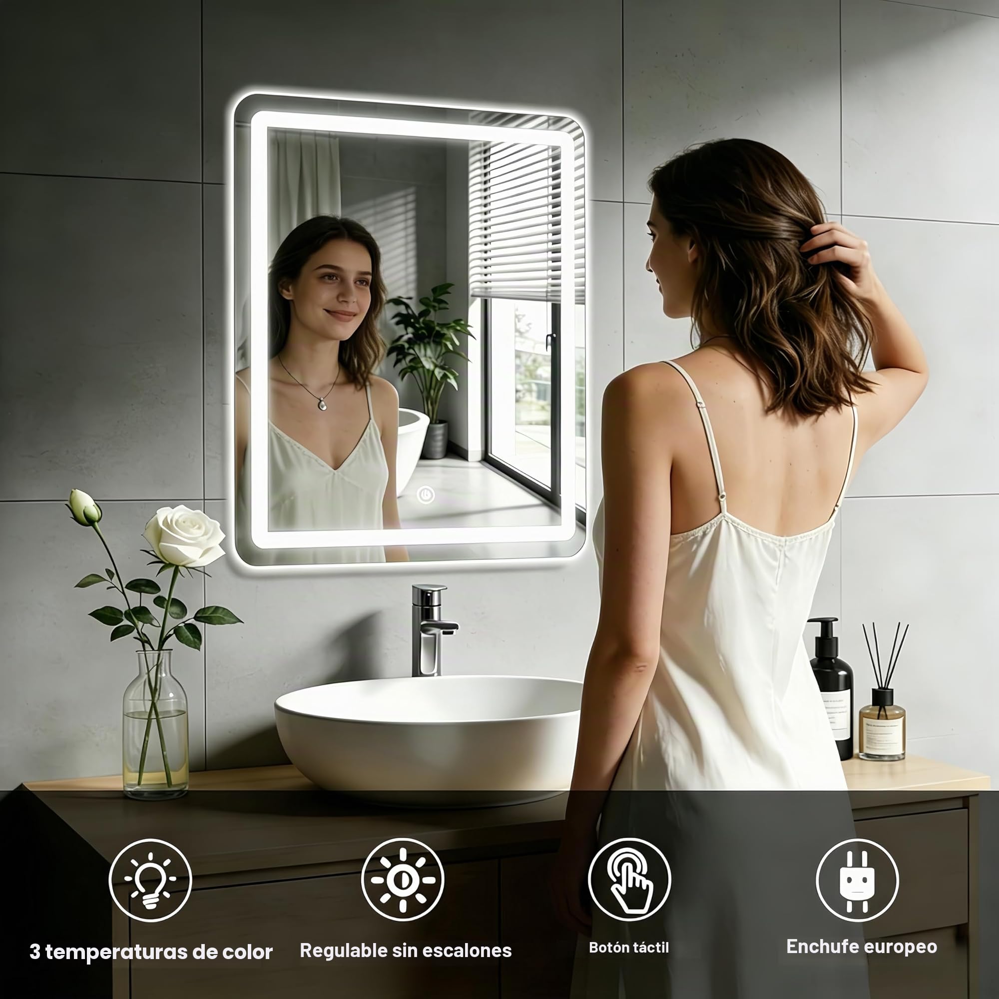 Espejo de Pared para baño, Espejo de baño con iluminación, Espejo con luz LED, Interruptor táctil y 3 Colores Regulables (60 L x 45 B)