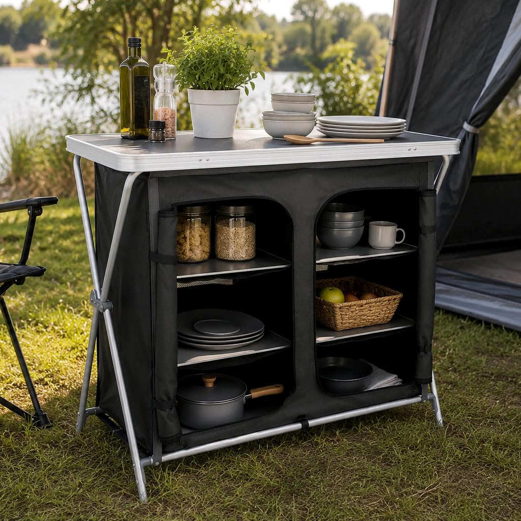 CampFeuer Meuble de camping pliable | 110 cm x 47 cm x 90 cm | Cuisine de camping avec 2 ouvertures à glissière | Étagère de camping avec armature en aluminium, meuble de camping pliable, cuisine de
