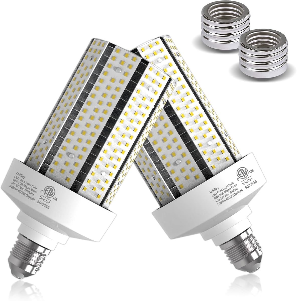 400W Equivalent LED Corn Light Bulb 2-Pack 5000LM 6000K 40W Cob Light E26 Base with E39 Adapter for Garage Warehouse Barn Workshop Outdoor Porch