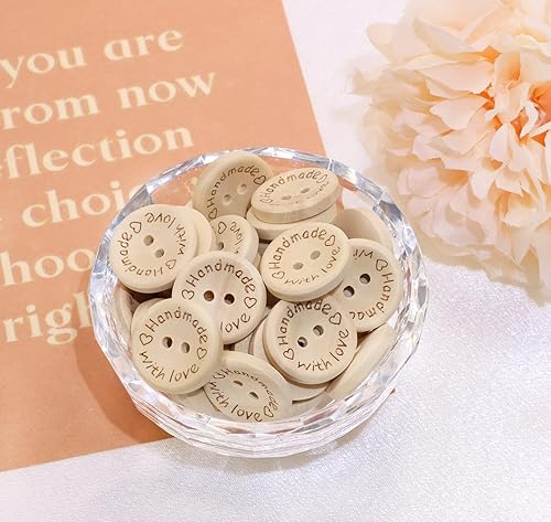 Vista 15 de Shapenty Madera hecha a mano con botones de amor, 2 agujeros, botones de costura redondos, para regalar, tejer, tejer, proyectos de manualidades