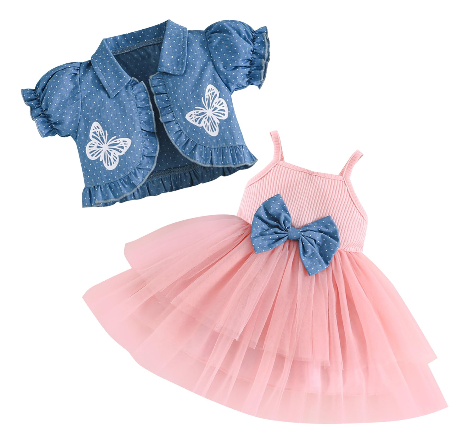 Toddler Baby Girls Summer Dress Set 2 Piece Tulle Sundress Denim Jacket Birthday Tutu Dress Cardigan Pink 18-24 Months