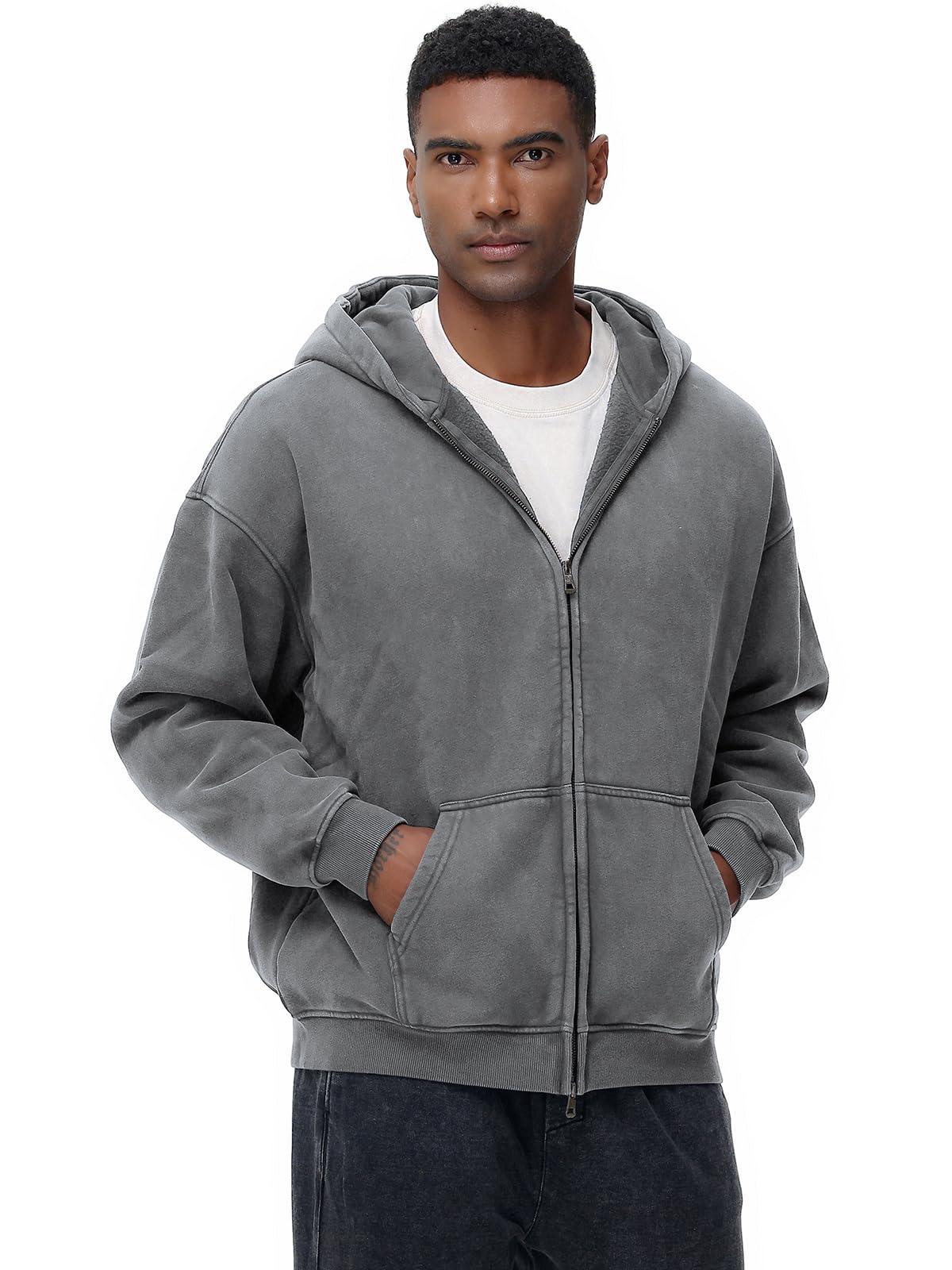 Sudadera con capucha para hombre de gran tamaño, estilo vintage, forro polar, lavado ácido, básico, cálido, con cremallera, ropa de calle