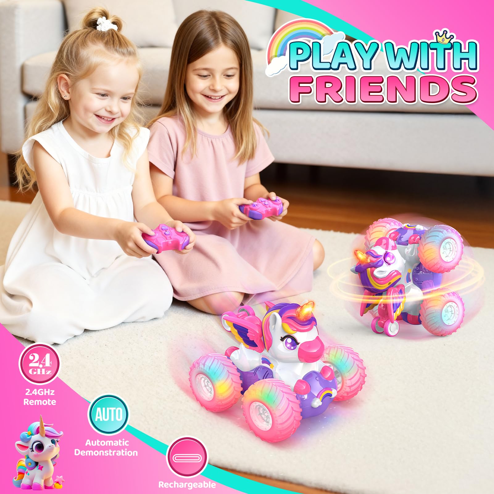 HappyGoLucky Macchina Telecomandata per Bambini Bambina, Unicorno Giocattolo, 2,4 GHz, Luce LED, Capovolte a 360°, Monster Truck Auto Giochi Regalo Bambina 3-12 Anni Femmina - Regali Natale