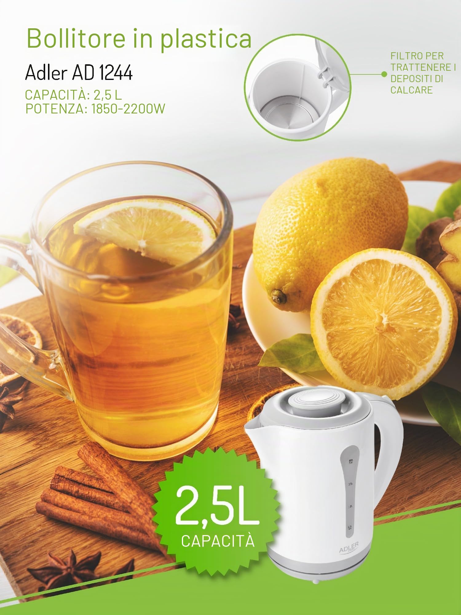 Adler AD 1244 Bollitore elettrico 2.5 L, Bianco / Grigio