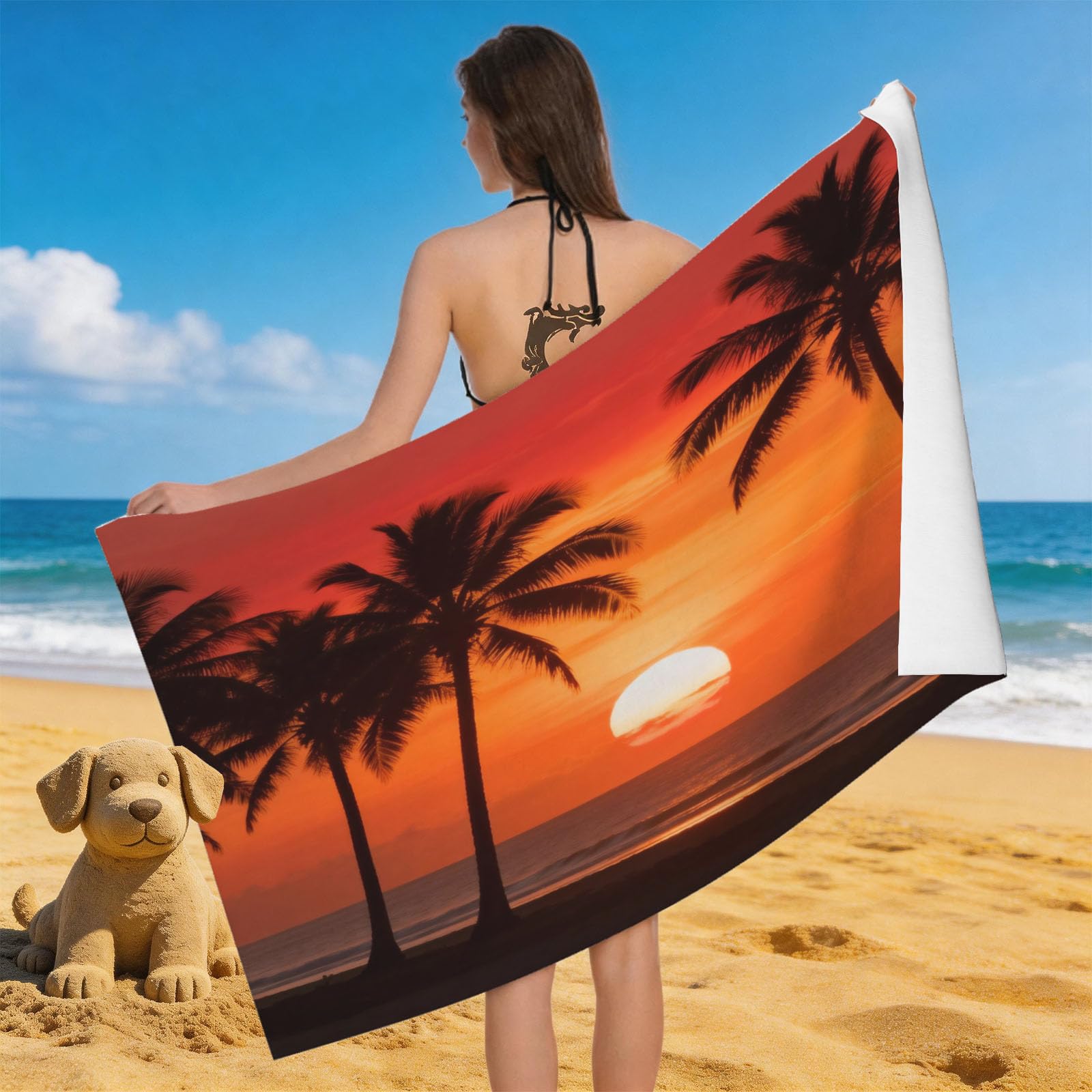 Leichong 3D Seaside Sunset Beach Towel Microfiber Soft Quick Dry for Adults, Palm Tree Silhouette Bath Towel Lightweight Soft Absorbent for Travel Swimming Pool Sports, 75 x 150 cm