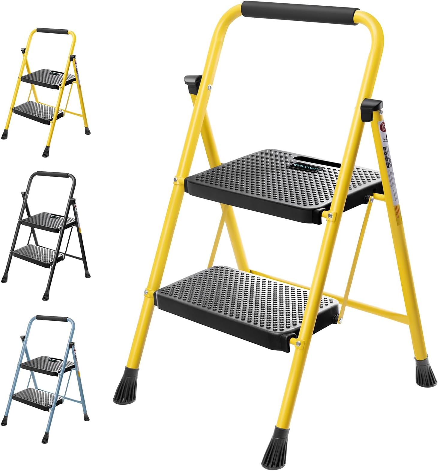 2 Step Ladder, Heavy Duty Foldable Step Stool, Portable Steel Folding Stool for Household Garage Storage (Yellow)