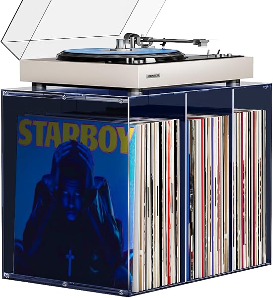 VINAEMO レコードラック 立方体 アクリル レコード収納ボックス レコードプレーヤー ラック スタッキング可能 レコードケース 卓上 レコード棚 おしゃれ LP レコードボックス 大容量 レコードスタンド レコード約60~90枚収納可能 30奥行き x 39幅 x 35高さcm(ミッドナイトブルー) - 1