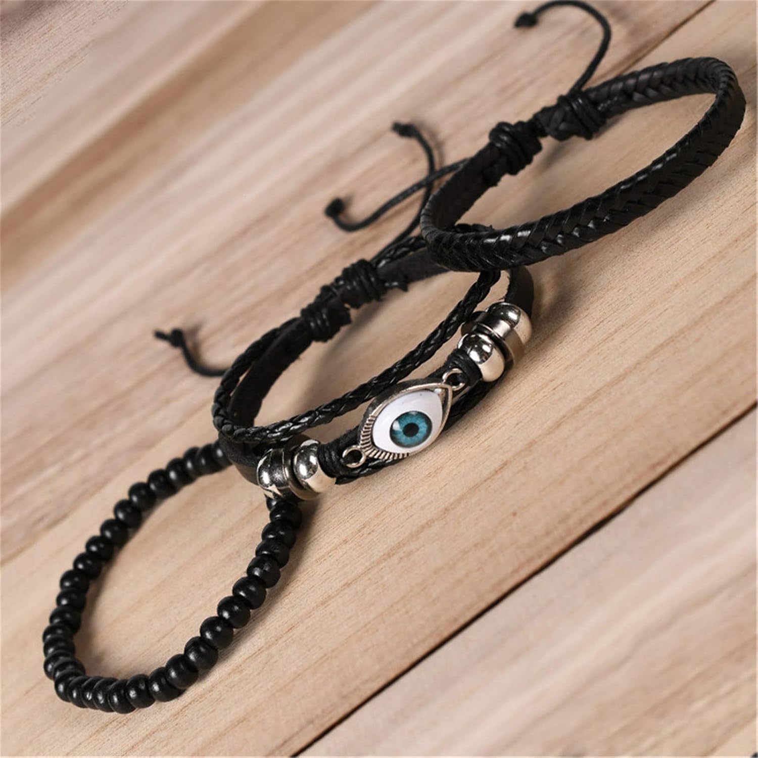 Caiyao 3-5Pcs Lucky Layered Stacking PU Leather Evil Eye Wood Beads Bracelet Bangle Handmade Adjustable Ethnic Braide Wristband Wrap for Women Men Protection Amulet Jewelry Gift