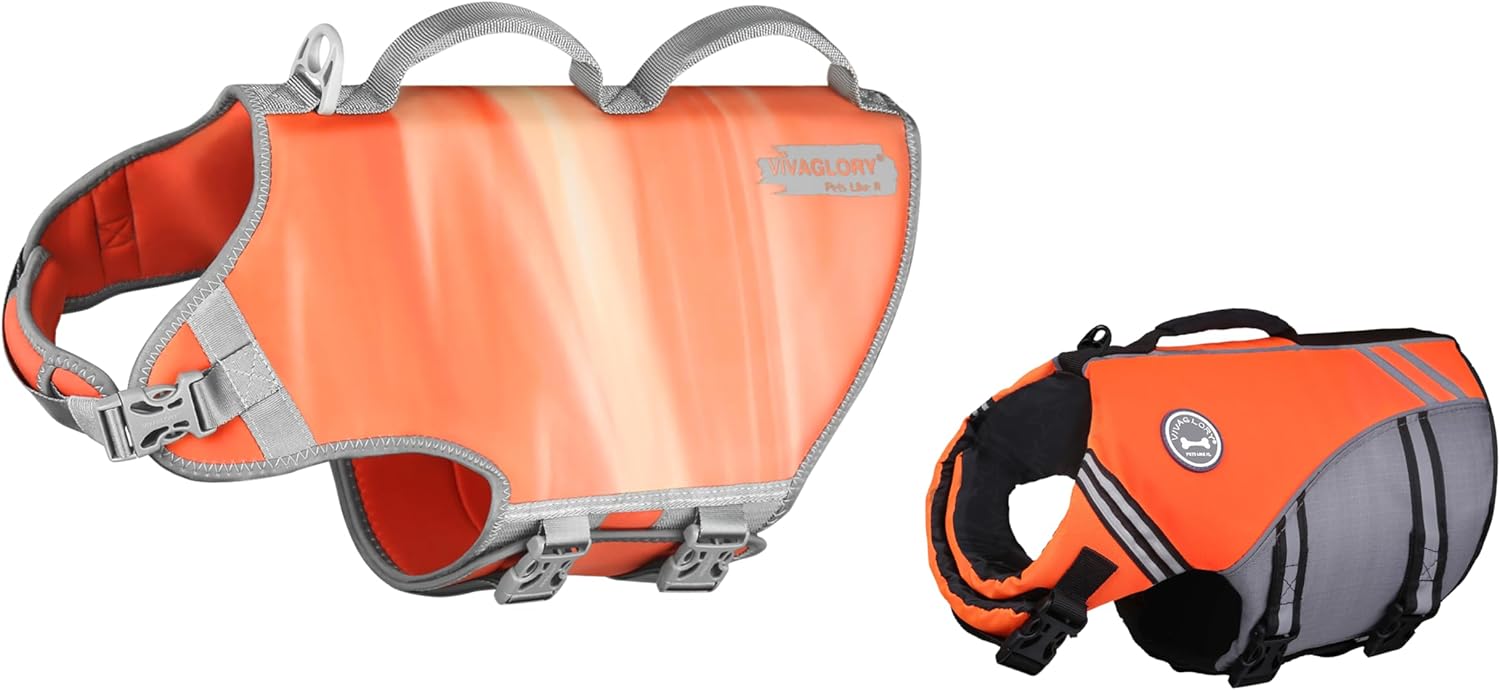 VIVAGLORY + Neoprene Dog Life Vest + Sports Style Dog Life Jacket, Swimming Vest with Handle, Ripstop & Buoyancy