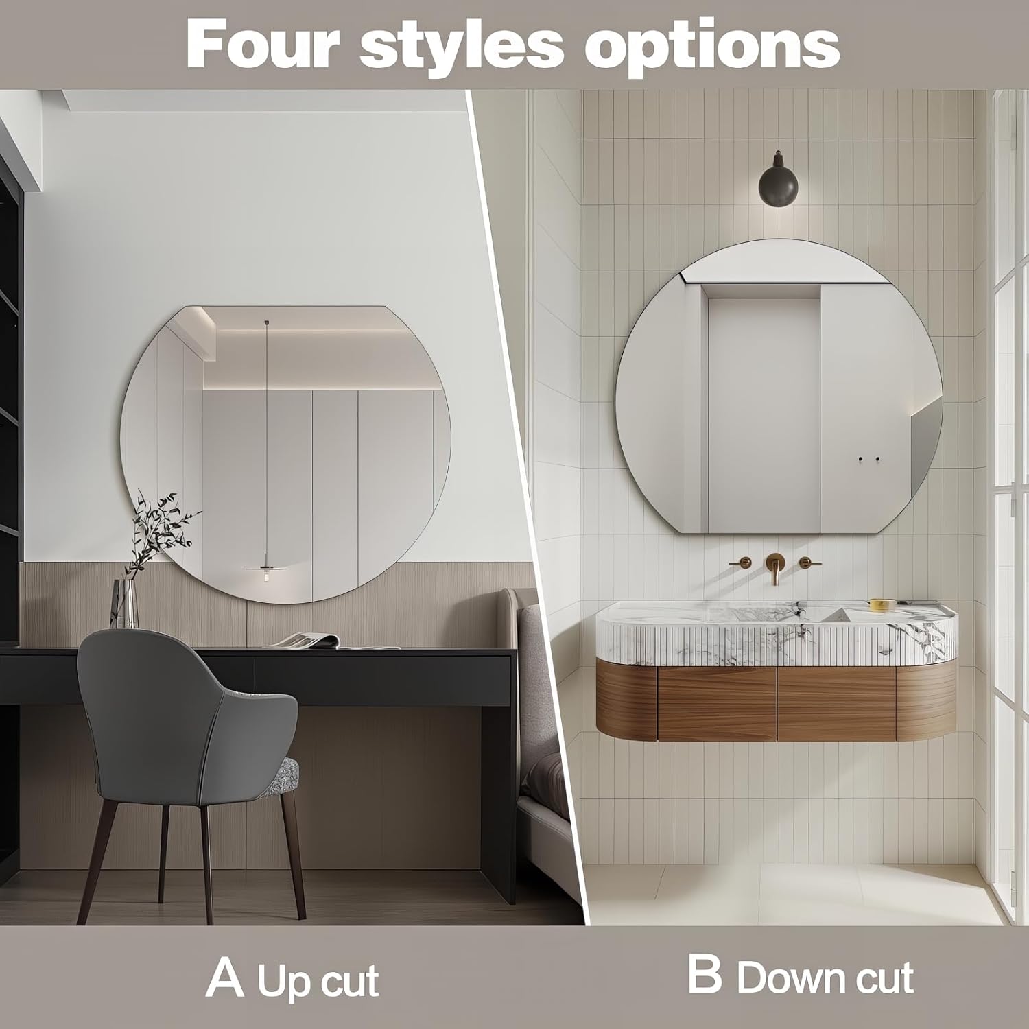 Half Moon Bathroom Mirror 40", Modern Frameless Wall Mirror, Hanging Decorative Vanity Mirror, Minimalist Explosion Proof Semi Circle Mirror for Living Room Bedroom Entryway, Down Cut