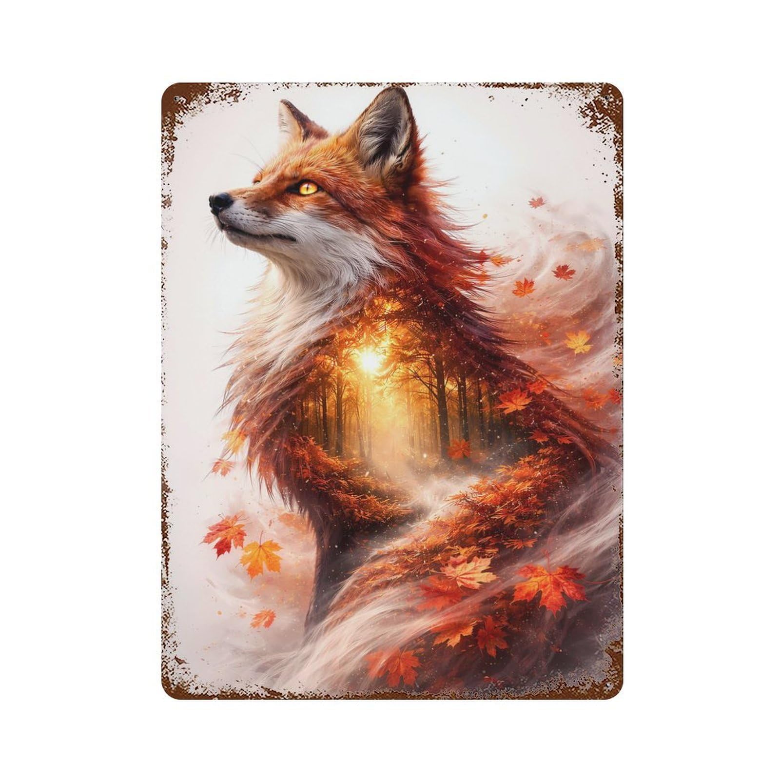 Rust Effect Fox Double Exposure Nature Silhouette Rustic Tin Plaque 15.7"x11.8", Classic Wall Plaque for Shed, Workshop And Garage Wall Decor